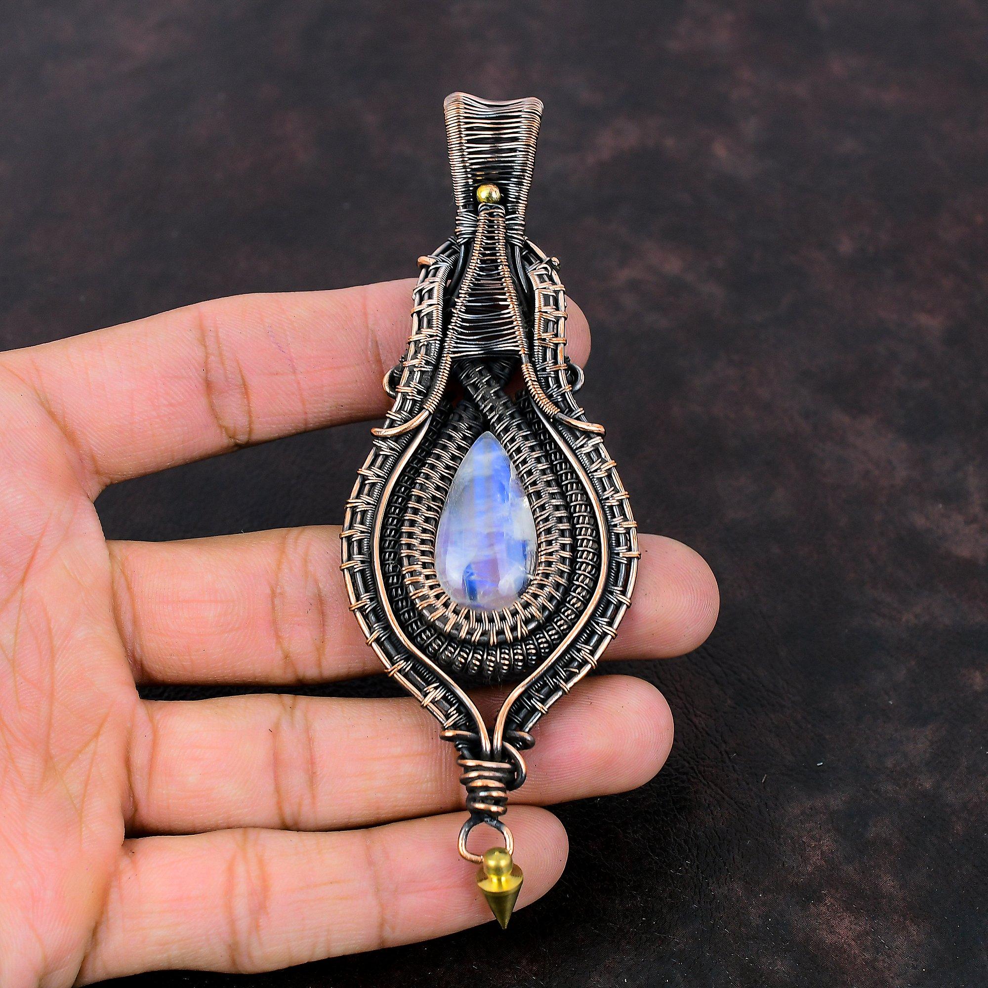 Rainbow Moonstone Pendant Copper Wire Wrapped Pendant Handmade Copper Jewelry Genuine Gemstone Pendant Wedding Gift Dainty Wire Wrap Jewelry