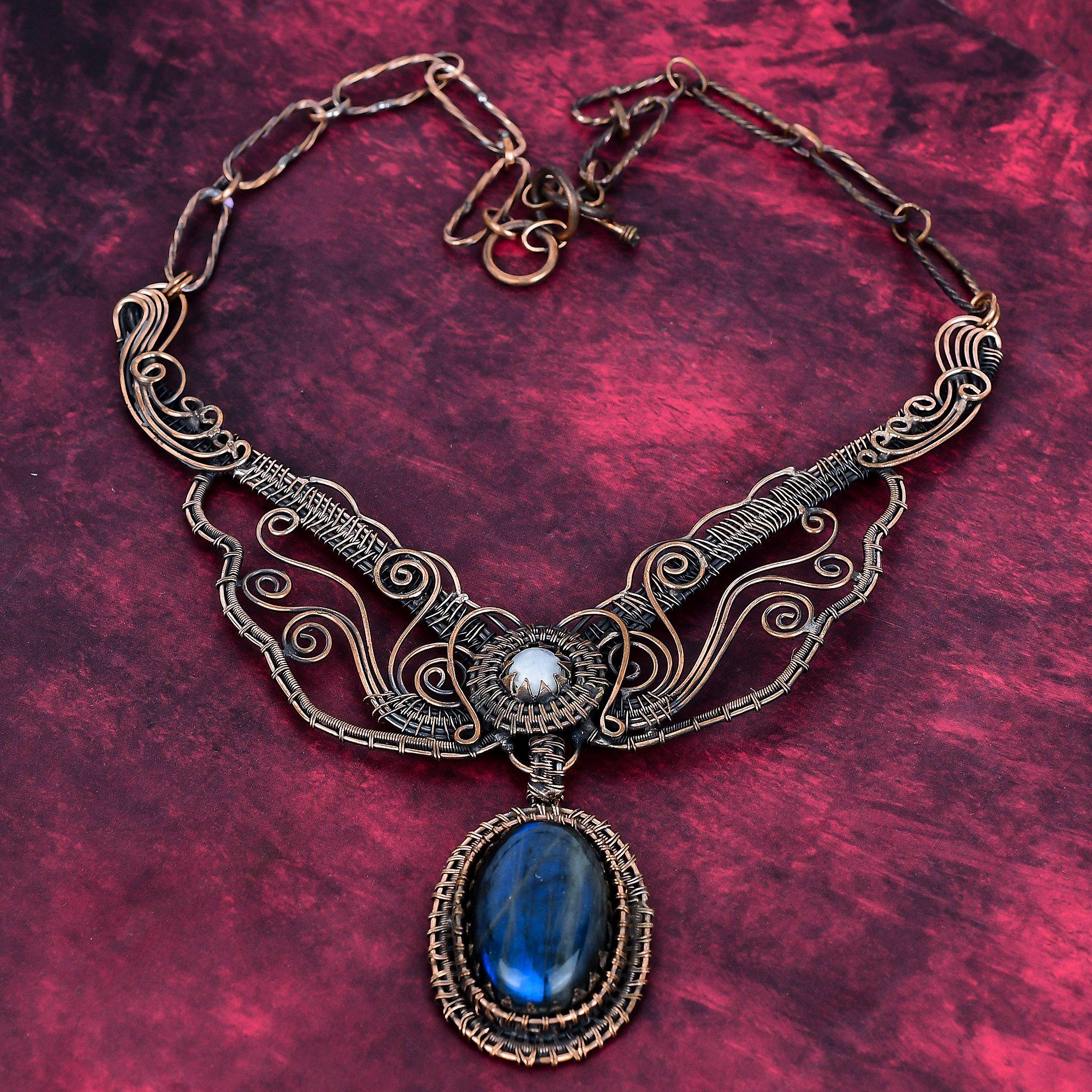 Labradorite Gemstone Necklace Adjustable Necklace Copper Wire Wrapped Rainbow Moonstone Jewelry