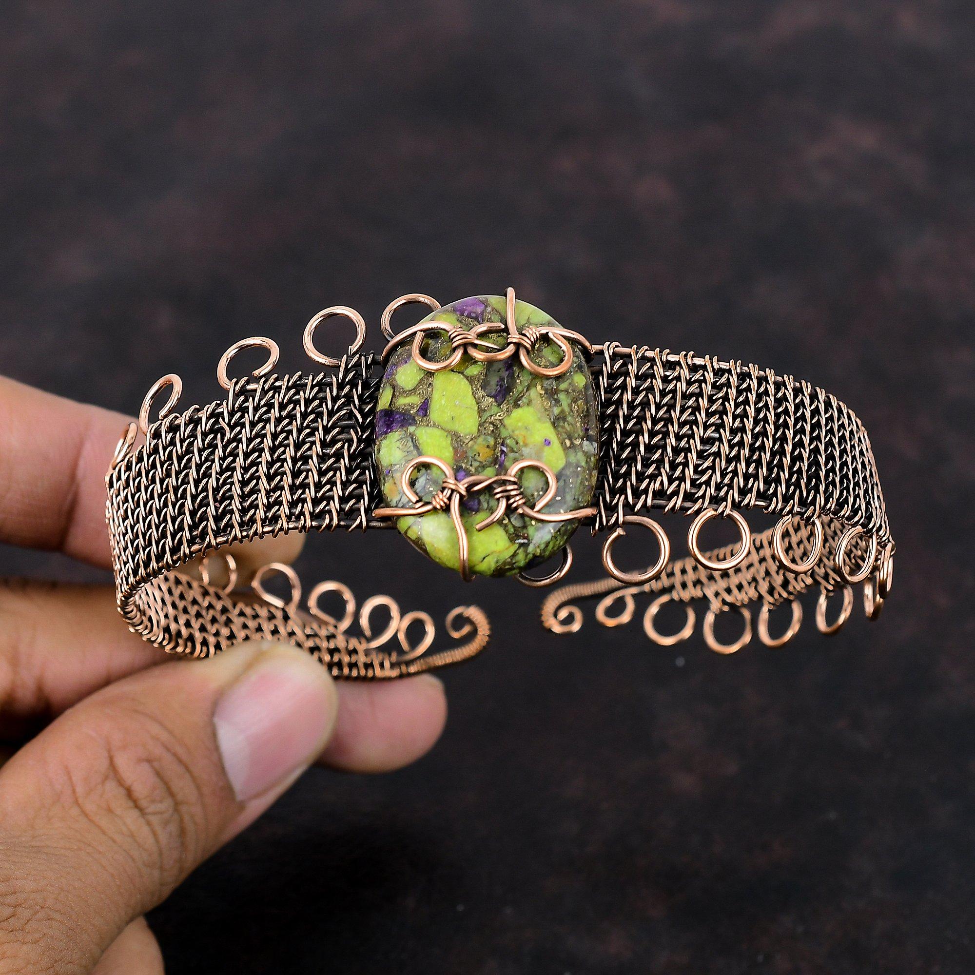 Copper Stichtite Cuff Bracelet Copper Wire Wrapped Bangle Gemstone Adjustable Cuff Bracelet Copper Wire Jewelry Handmade Bangle Wedding Gift