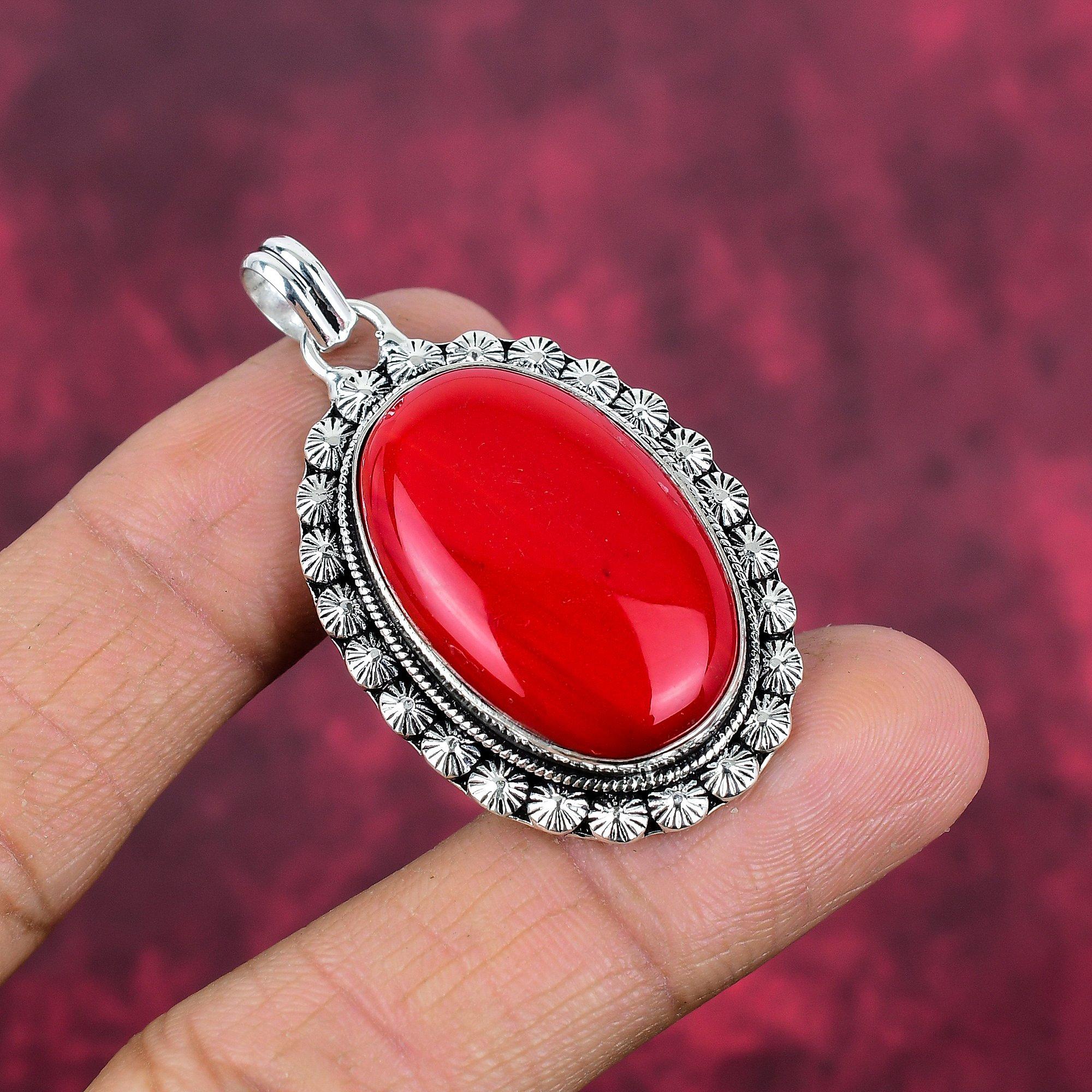 Red Coral Handmade Gemstone Pendant, 925 Solid Sterling Silver Pendant Antique Jewelry, For Engagement Gift