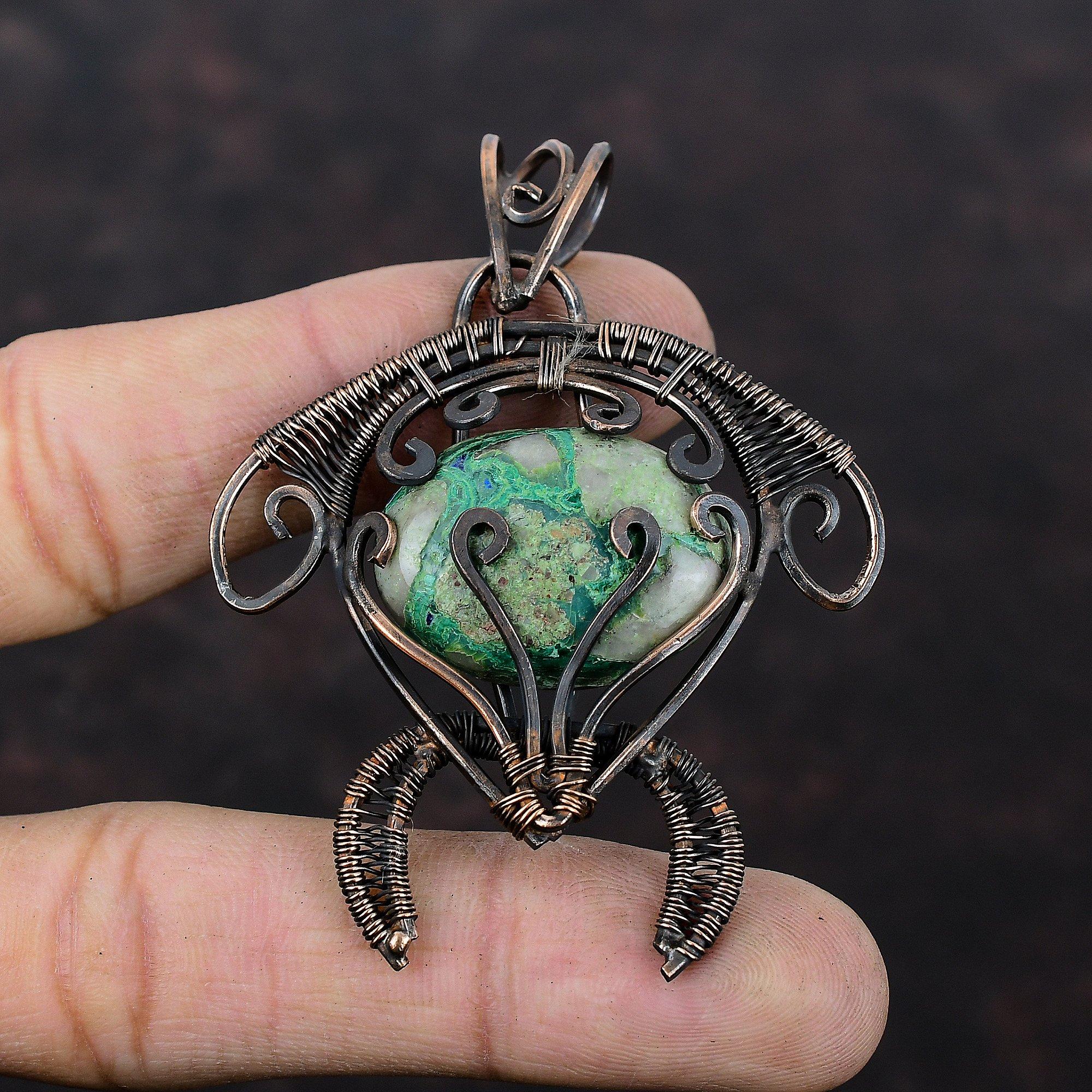 Azurite Malachite Pendant Copper Wire Wrapped Pendant Gemstone Pendant Handmade Wire Wrap Jewelry Tortoise Pendant Copper Jewelry For Gift