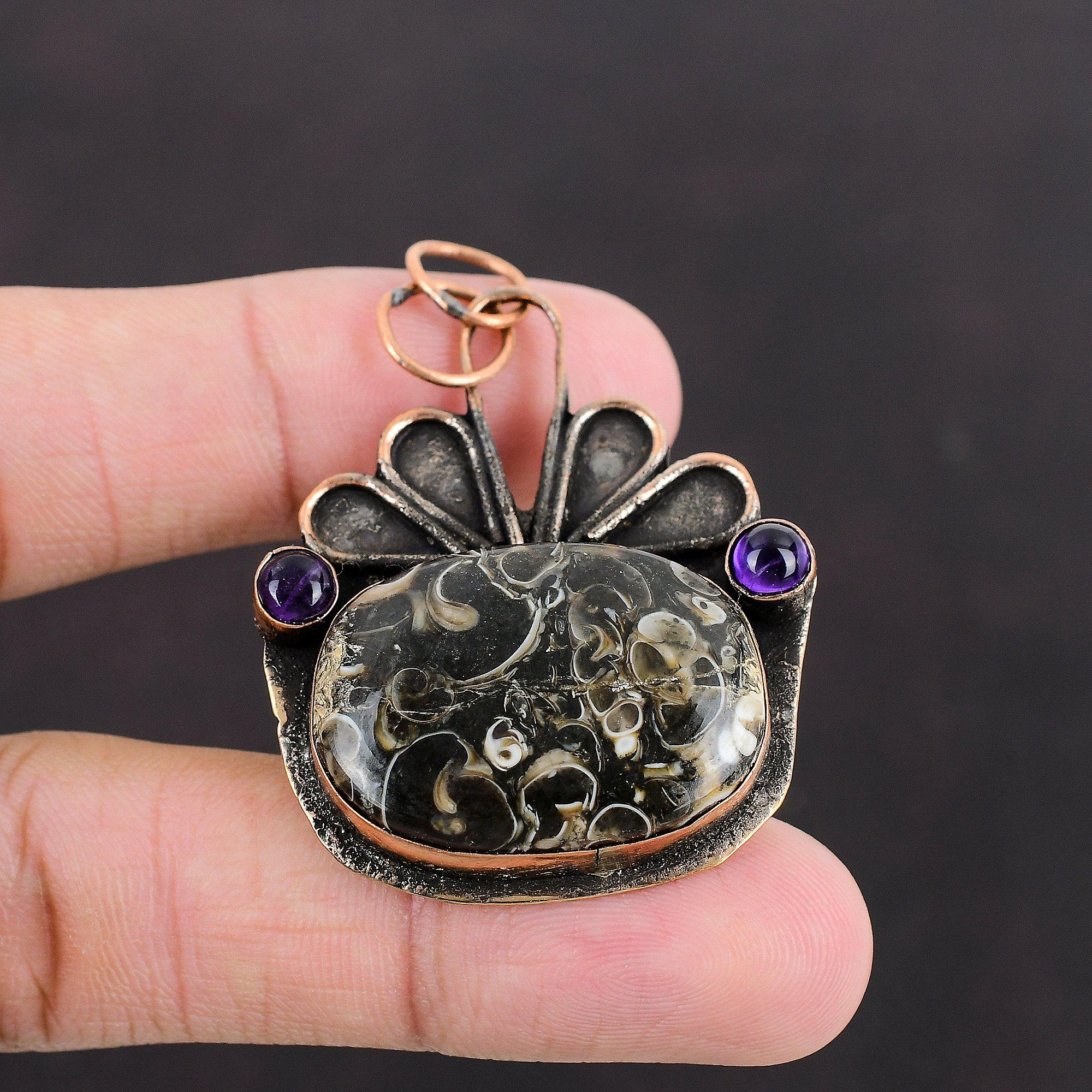 Turritella Agate Pendant African Amethyst Pendant Copper Pendant Handmade Designer Jewelry Real Gemstone Pendant Copper Jewelry Wedding Gift