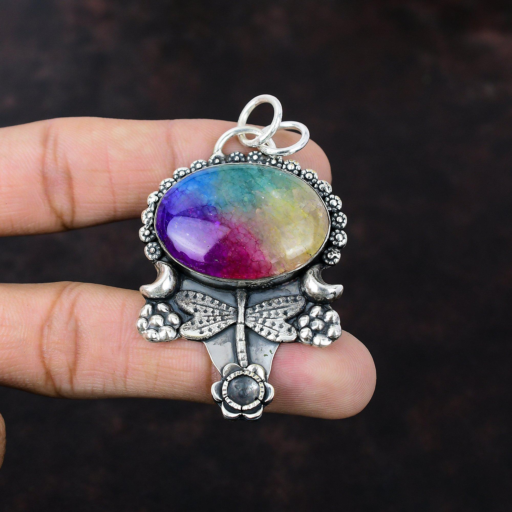Rainbow Solar Quartz Druzy Pendant 925 Sterling Silver Pendant Handmade Boho Jewelry Dainty Gemstone Pendant Gift For Girl Dragonfly Pendant