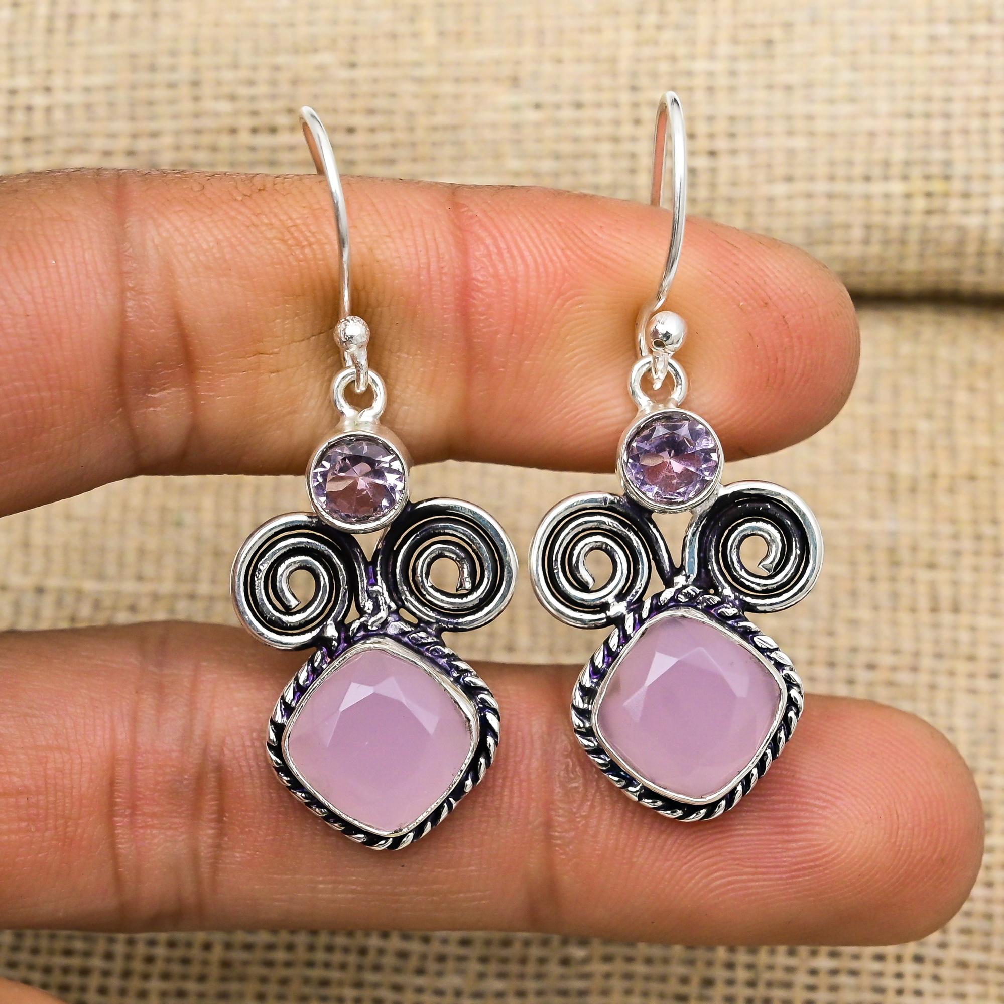Pink Chalcedony, Kunzite Gemstone Handmade 925 Sterling Silver Jewelry Gorgeous Earrings Gift For Love