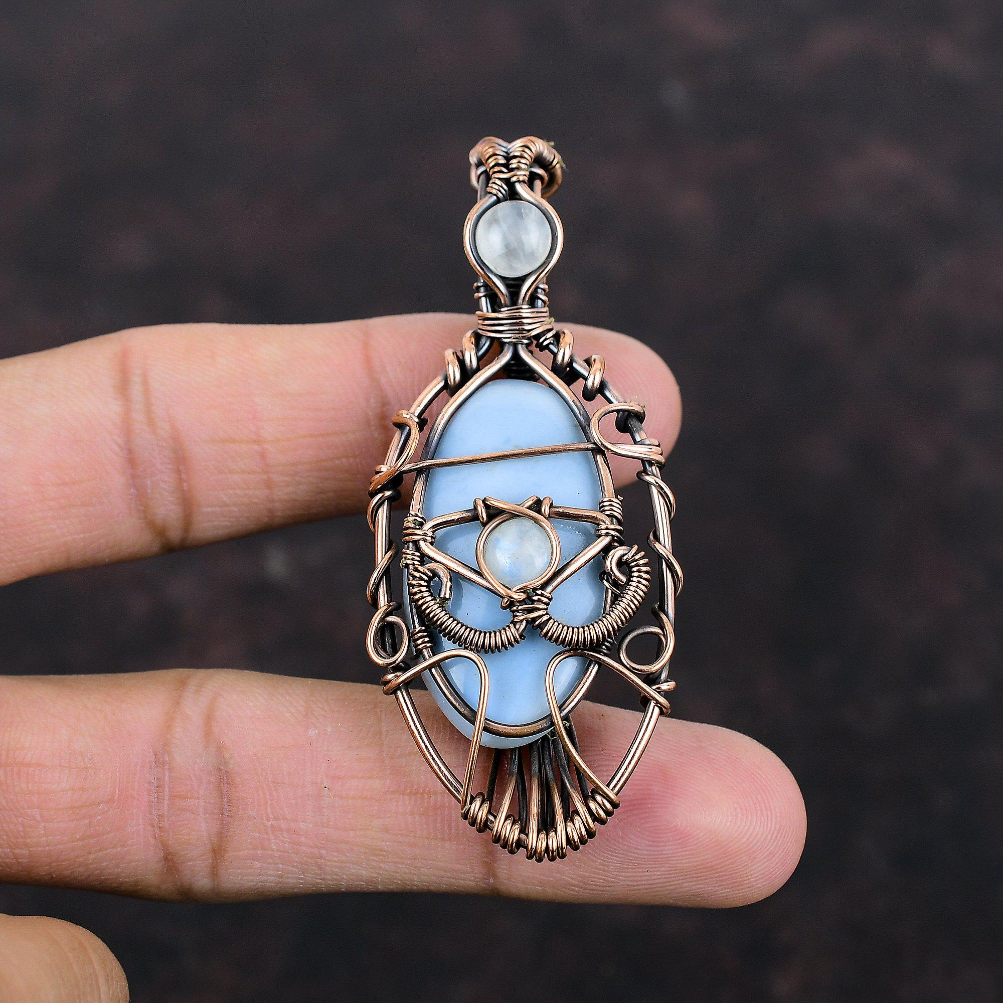 Pandantiv cu opal albastru Owyhee, înfășurat din sârmă de cupru, cu piatră prețioasă, lucrat manual, bijuterii din cupru, cadou pentru logodnă, curcubeu, piatră lunară