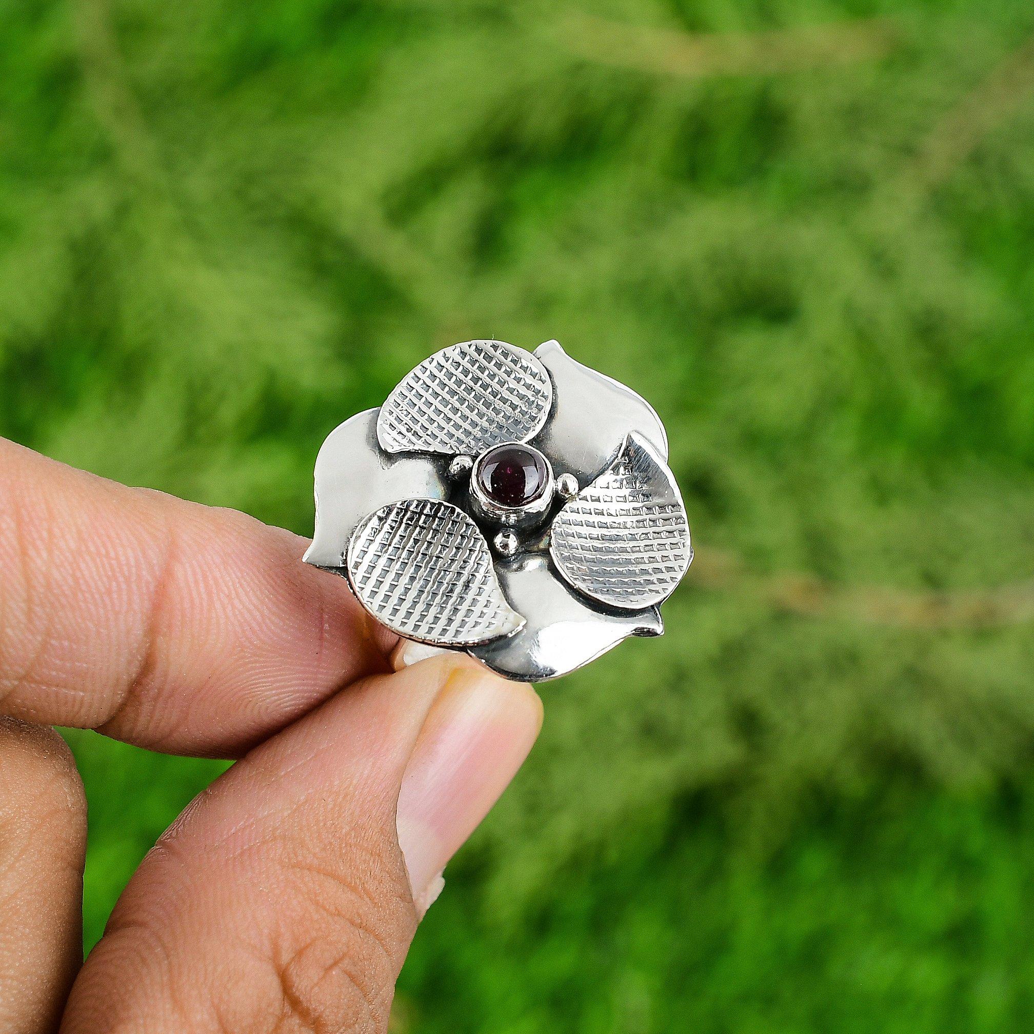 925 Silver Tourmaline Gemstone Wife Boho Flower Promise October Birth Bezel Ring