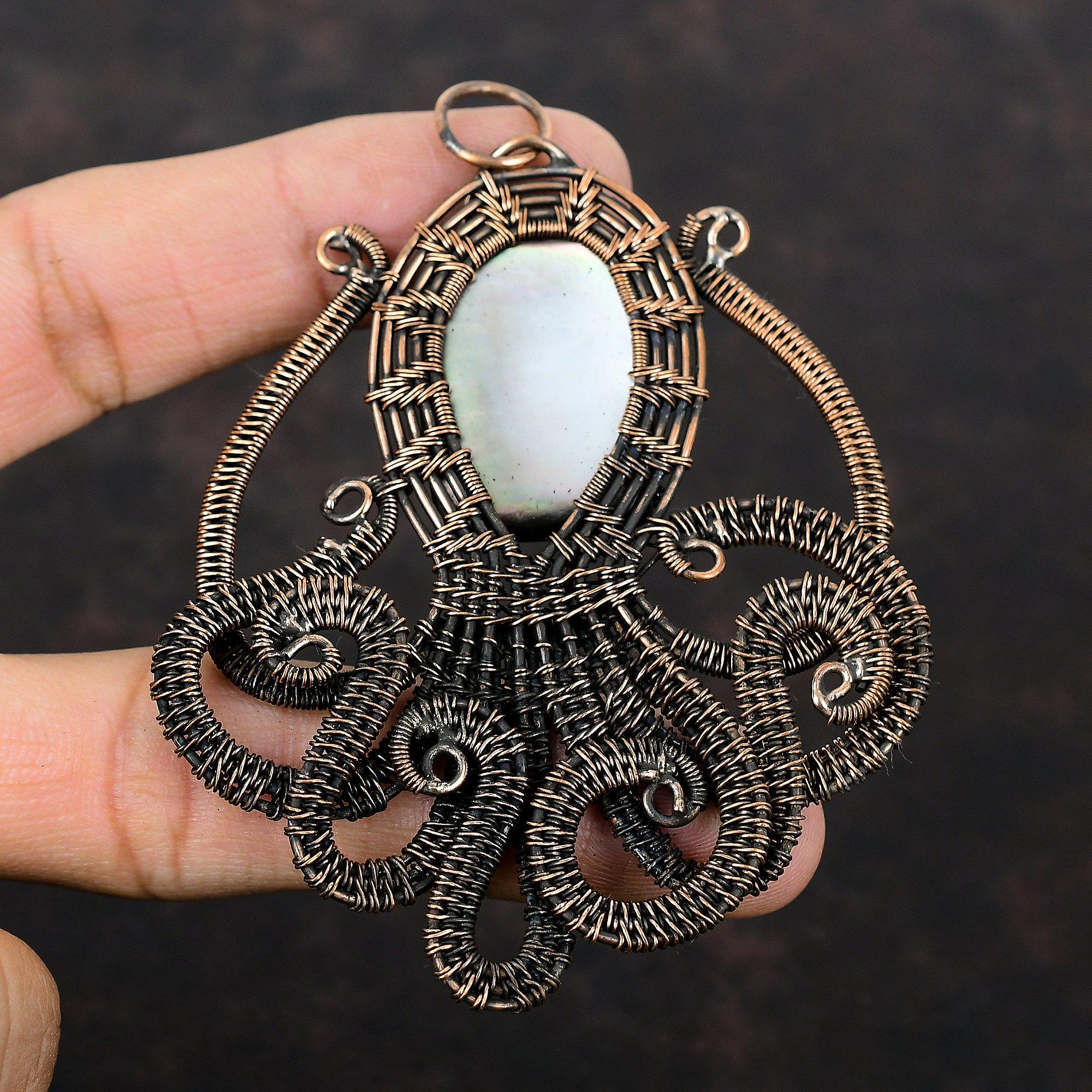 Mother Of Pearl Pendant Copper Wire Wrapped Pendant Handmade Real Gemstone Pendant Copper Wire Wrap Jewelry Octopus Pendant Engagement Gift