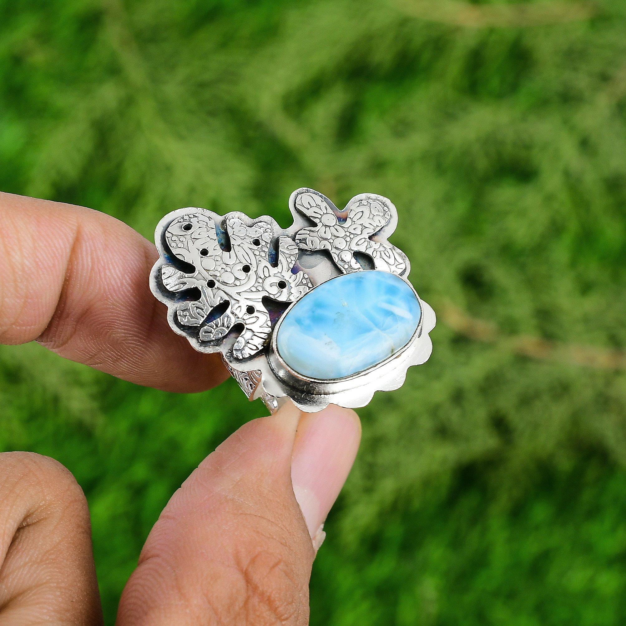 Mothers day Sale 925 Sterling Silver Natural Larimar Boho Promise Daughter Ring