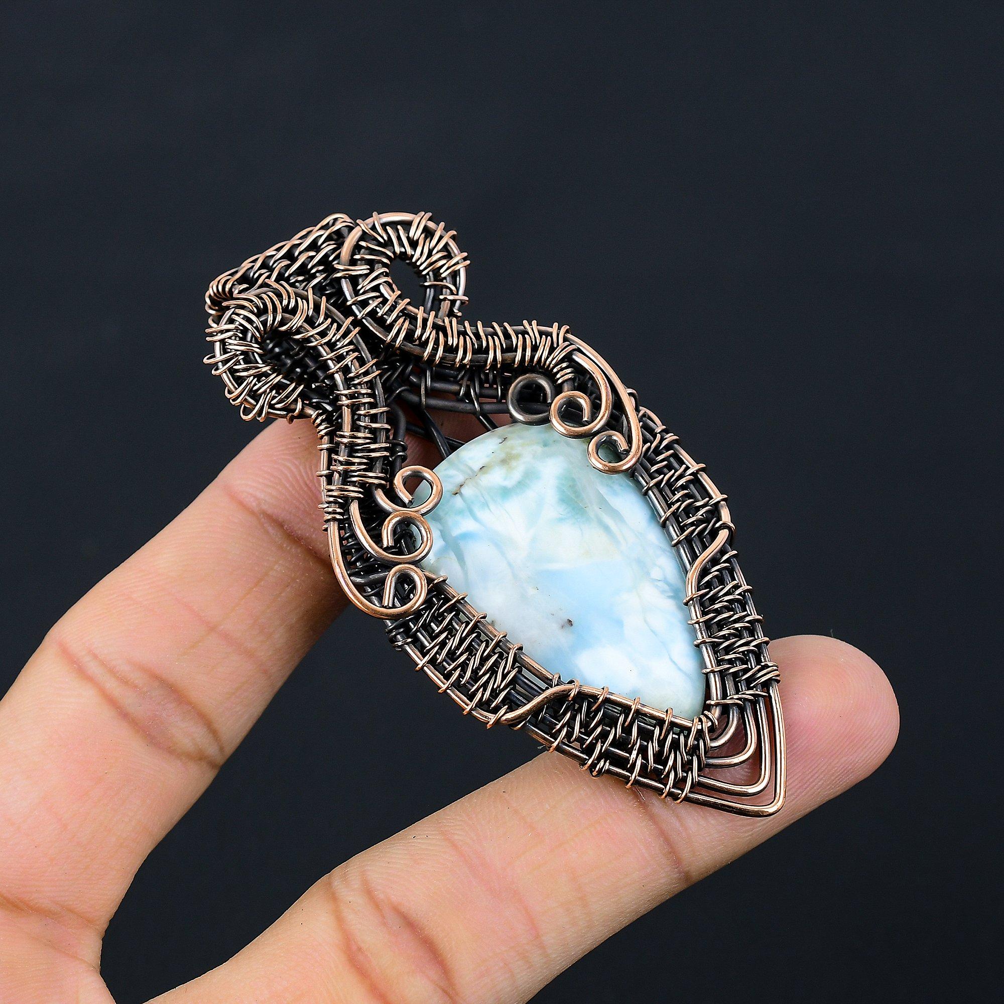 Beautiful Larimar Pendant Gemstone Pure Copper Wire Wrapped Handmade Jewelry For Her