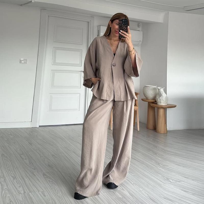 Cotton Linen Pants Suits Women 2-piece Set Loose V-neck Top with Elastic High Waist Wide Leg Pant No Pocket Commut Casual 2025 Spring Summer