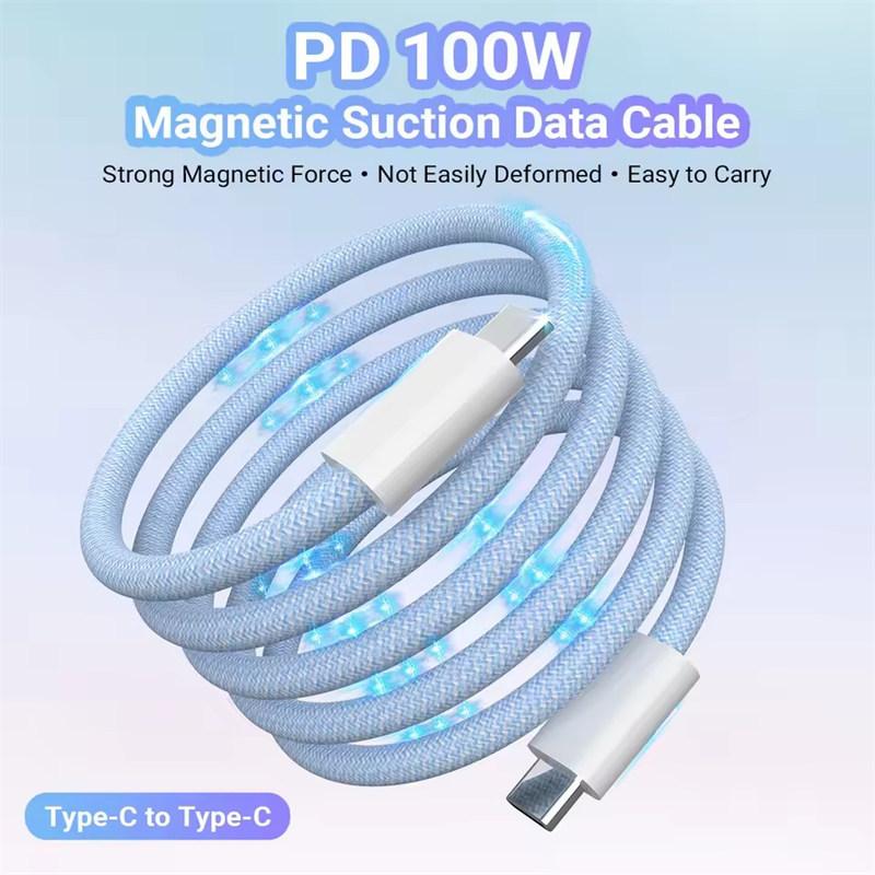 PD 100W Magnetic Suction USB C To USB C Cable 100W PD 3.1 Fast Charging Charger Nylon Braided Wire for iPhone17/16/15 Ipad Xiaomi