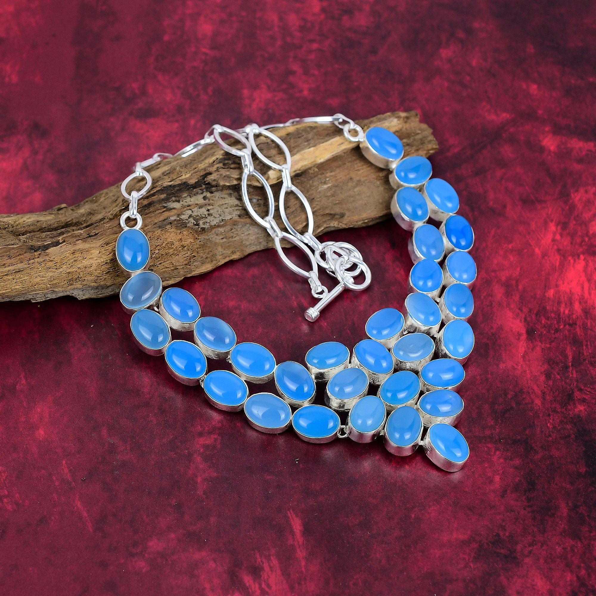 Blue Chalcedony Handmade Gemstone Necklace, 925 Solid Sterling Silver Necklace Antique Jewelry, For Thanksgiving
