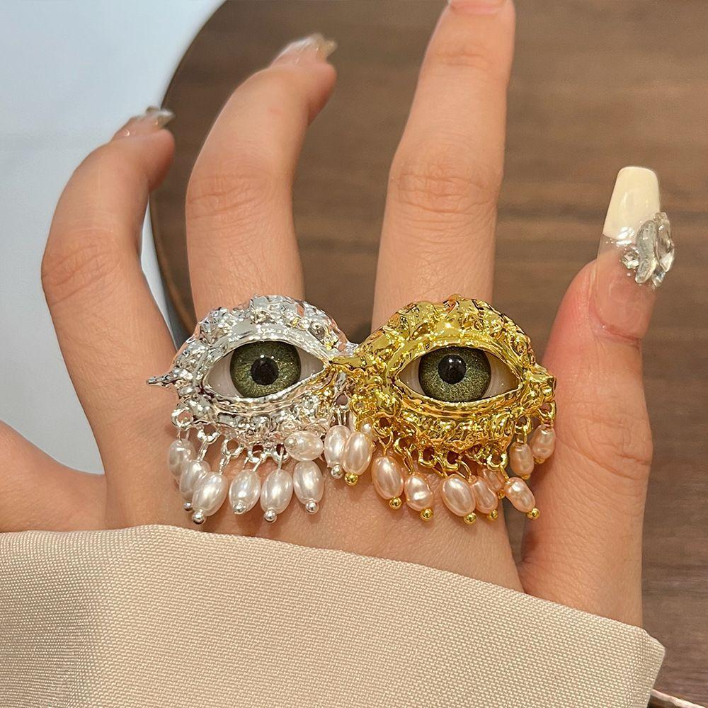 Aesthetic Vintage Devil's Eye Ring Tassels Imitated Pearl Glaze Ring Trendy Delicate Opening Finger Ring Party Favors