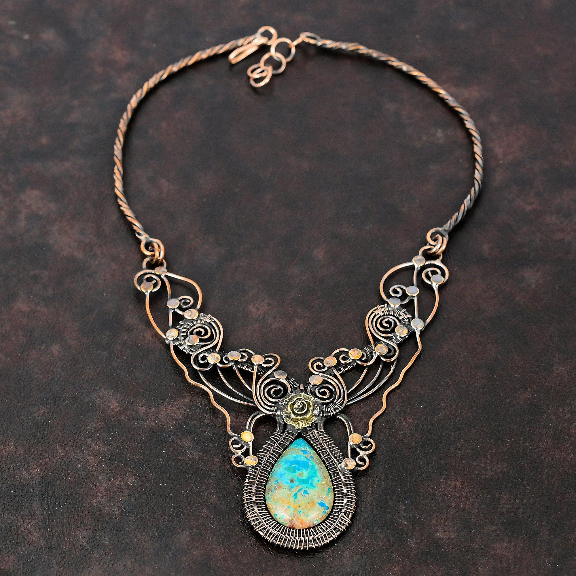 Shattuckite Necklace Copper Wire Wrapped Necklace Adjustable Necklace Gemstone Jewelry Handmade Necklace Copper Wire Jewelry Engagement Gift