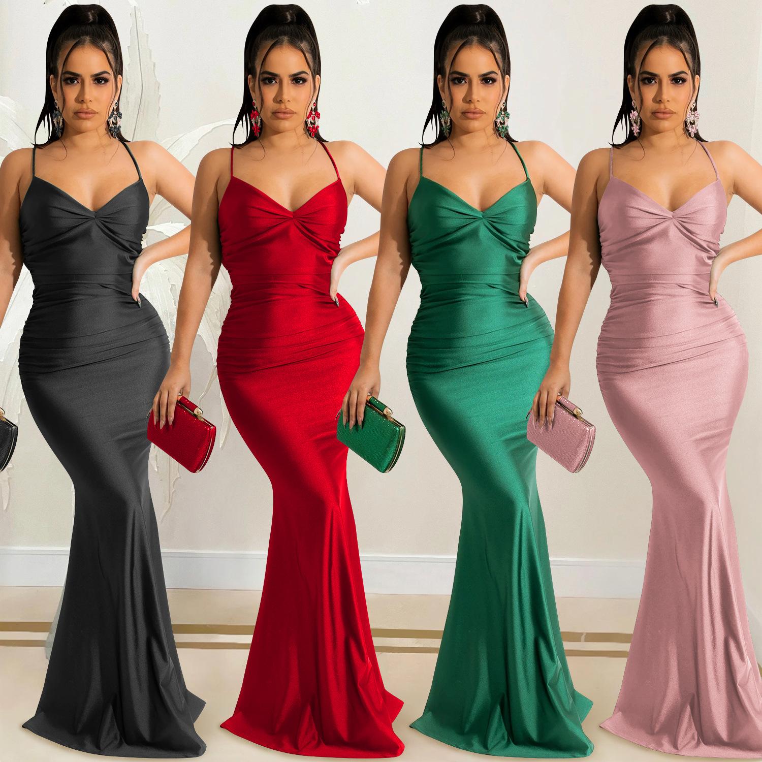 Solid Colour Sexy Halter Wrap Backless Strappy Tight Long Dress Dress for Women Party Dress Evening Gown