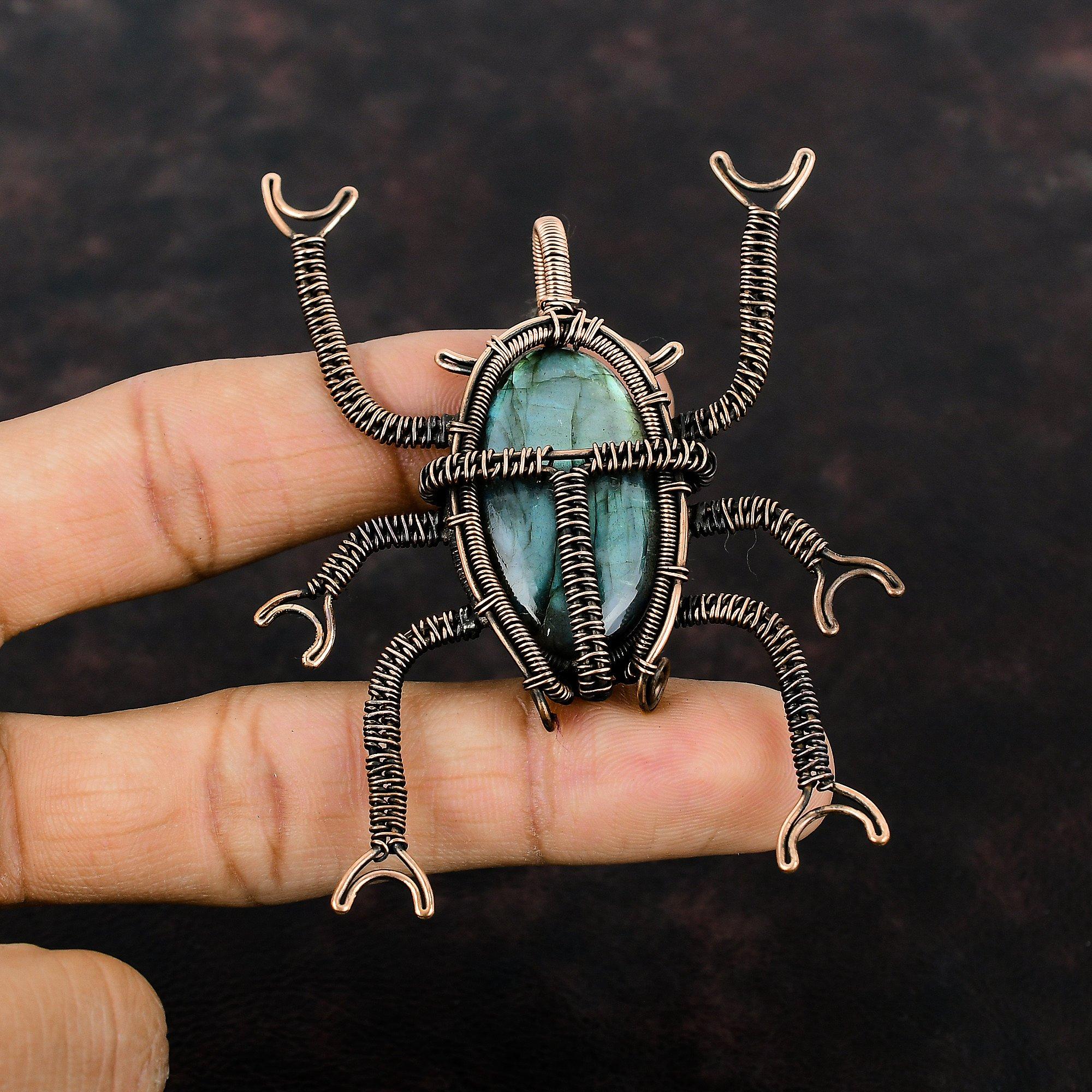 Labradorite Pendant Copper Wire Wrapped Pendant Handmade Labradorite Jewelry Gemstone Pendant Beetle Pendant For Gift Antique Copper Jewelry