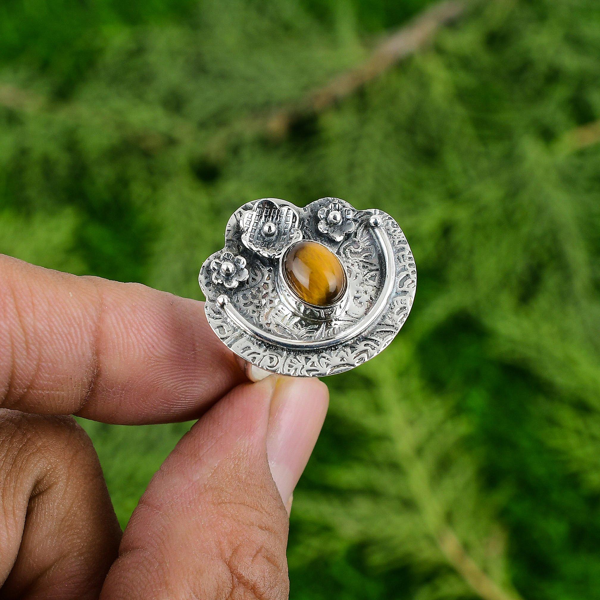 925 Silver Oval Tigers Eye Gemstone Bezel Promise Handmade Flower Daughter Ring
