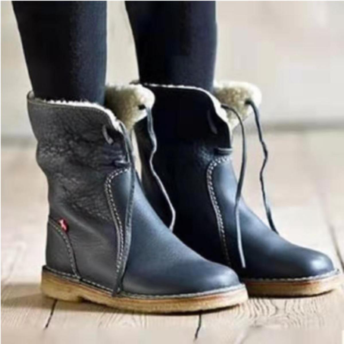 Flat Heeled Round Toe Casual Boots for Autumn and Winter Season, with Front Lace Up and Low Cut Solid Color, Women's Flat Bottom,Winter Snow Boots