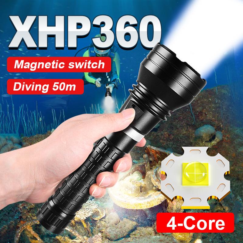 Scuba Flashlight XHP360 LED Diving Torch 300000LM Dive Lantern Underwater Flash Light Amphibious Lamp Long Range Lights