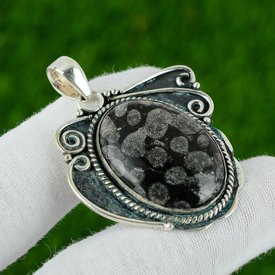 Natürlicher Schwarzer Fossiler Korallen Edelstein Anhänger 925er Sterlingsilber Für Mädchen