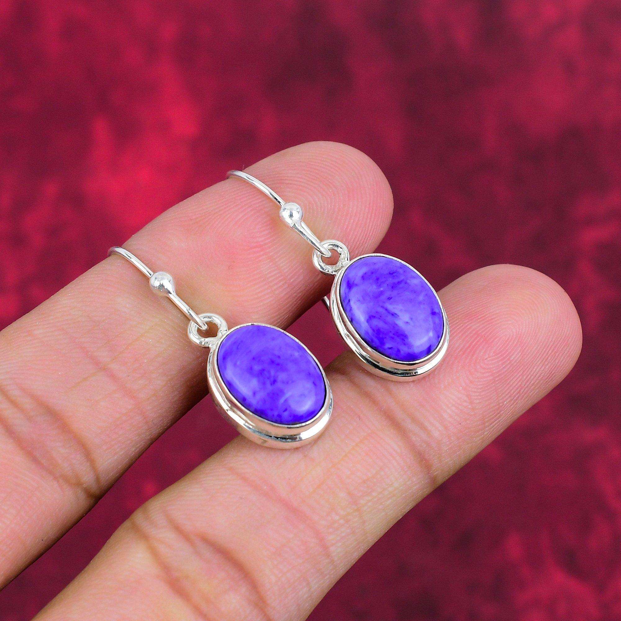 Cercei cu pietre prețioase lucrați manual Charoite, cercei din argint solid 925, bijuterii antice, pentru cadou de logodnă