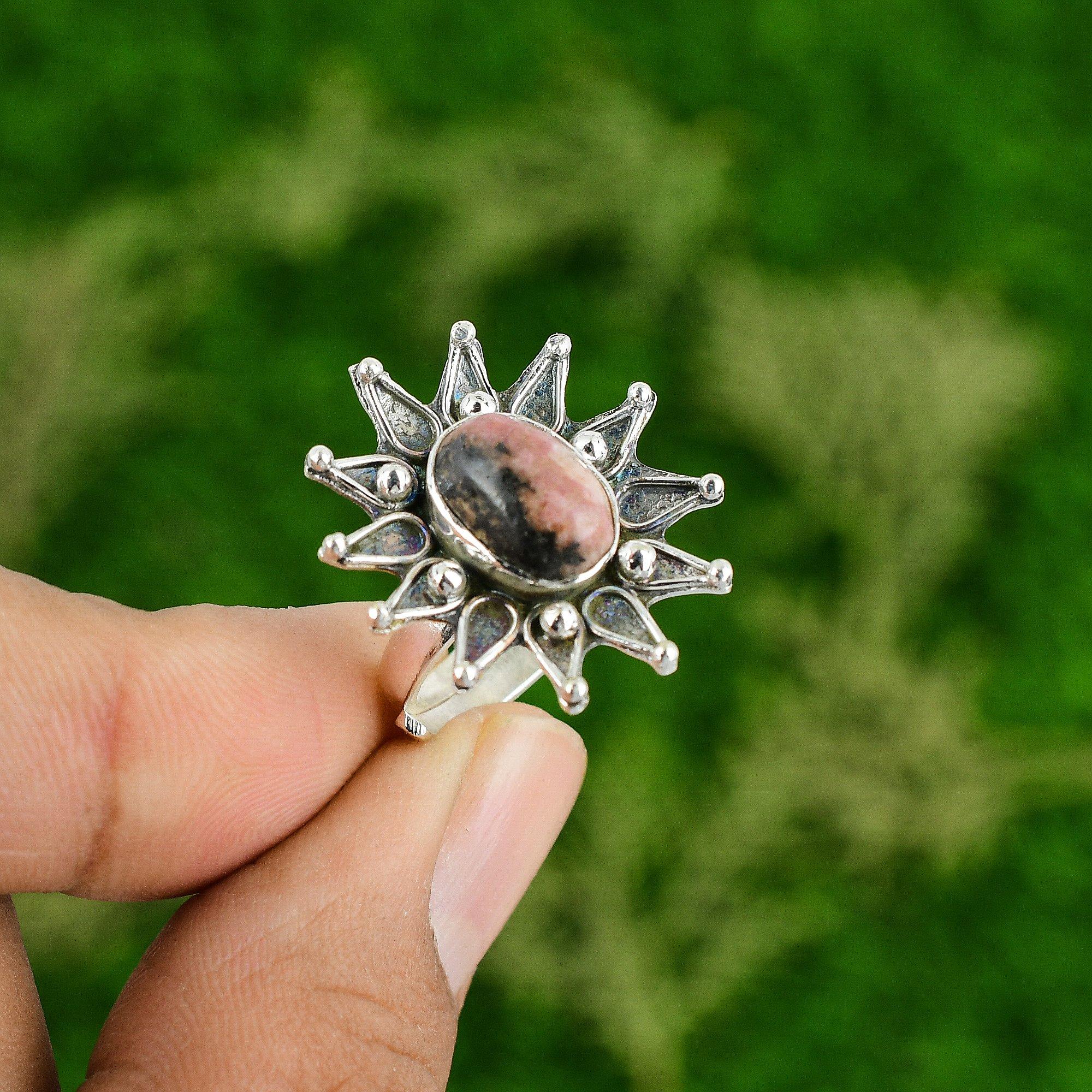 Mothers day Deal Sterling Silver Oval Natural Rhodonite Multi Stone Flower Ring