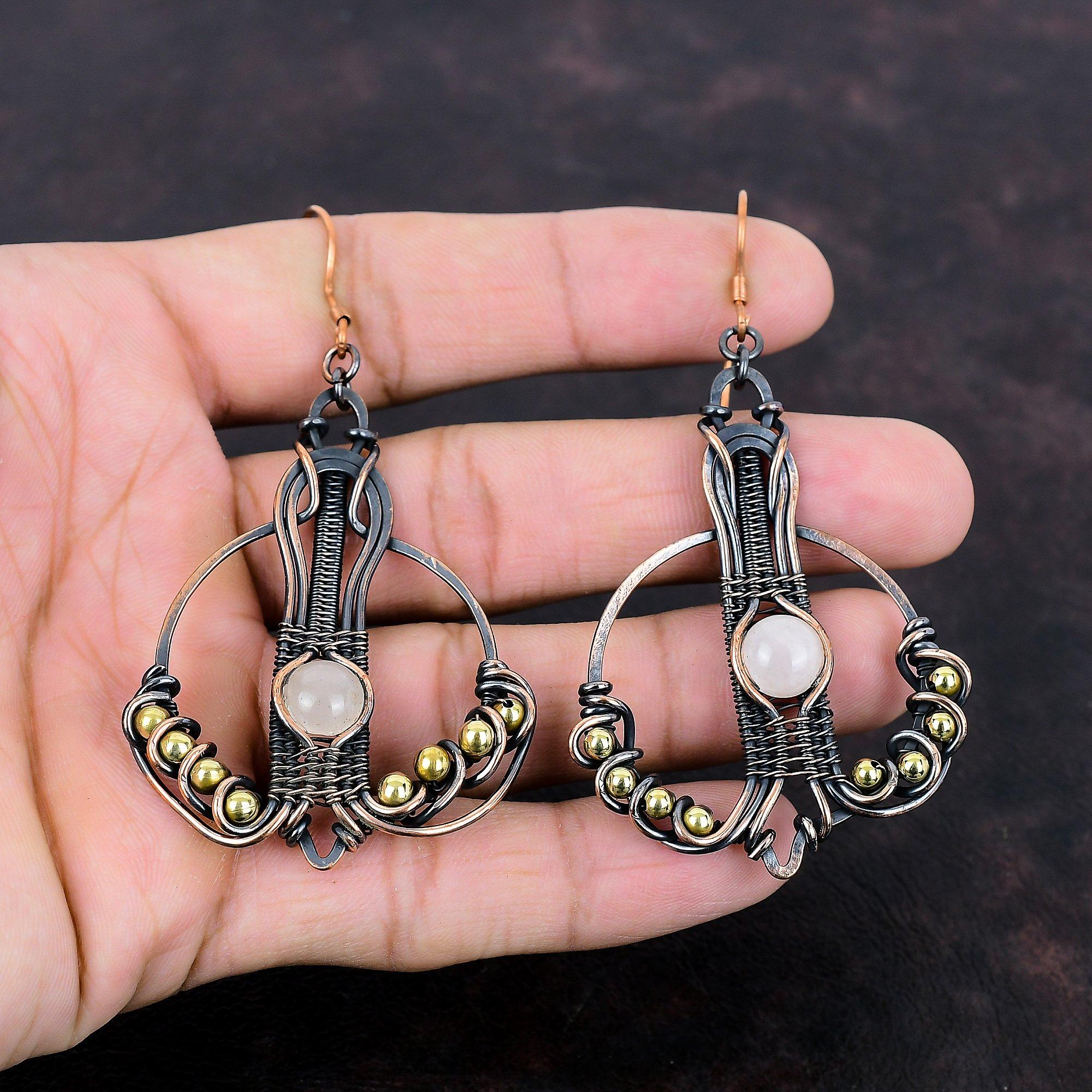 Rose Quartz Earring Copper Wire Wrapped Earrings Handmade Jewelry Top Quality Gemstone Earrings Designer Copper Jewelry Gift For Anniversary