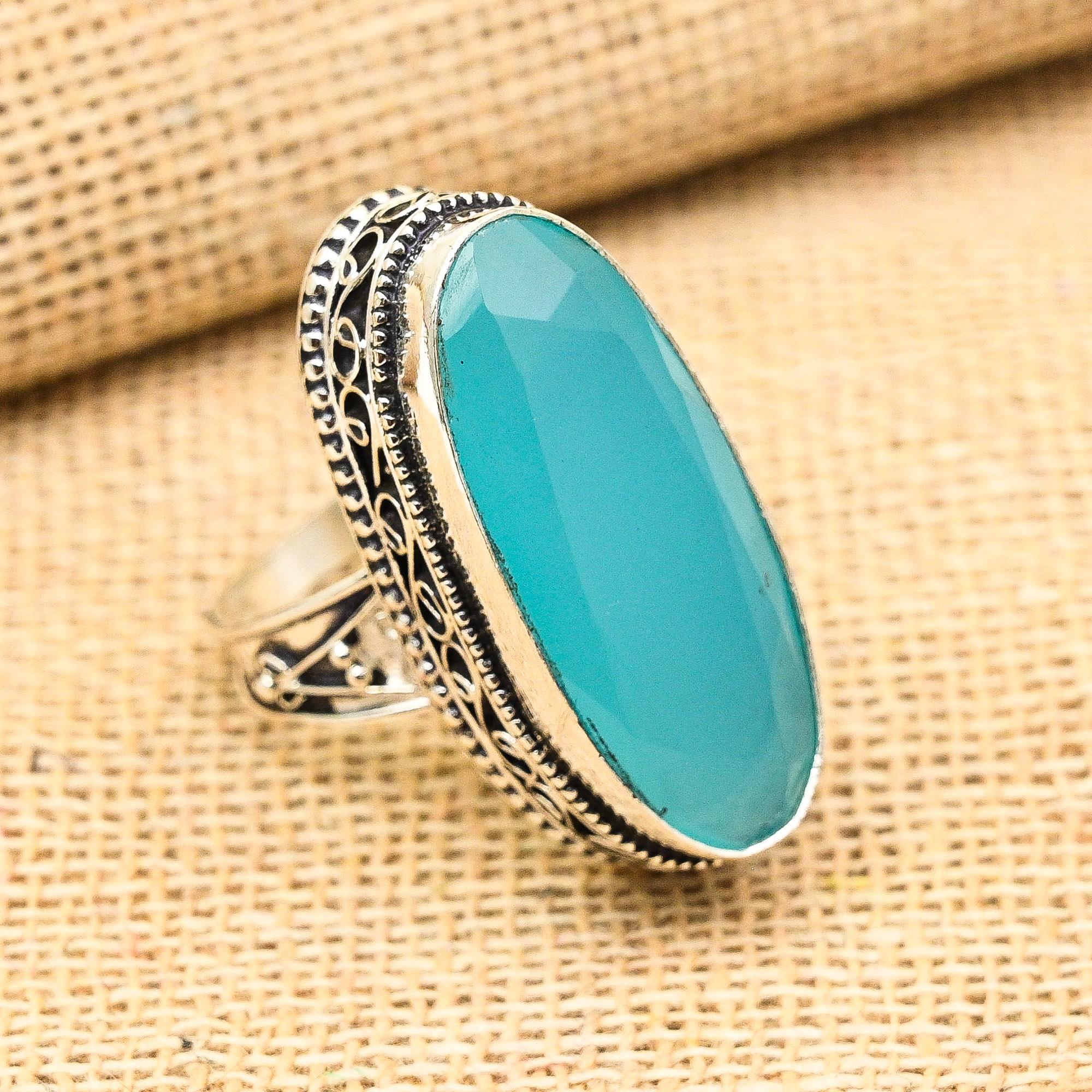 Blue Chalcedony Gemstone 925 Sterling Silver Handmade Antique Jewelry Gift For Mother