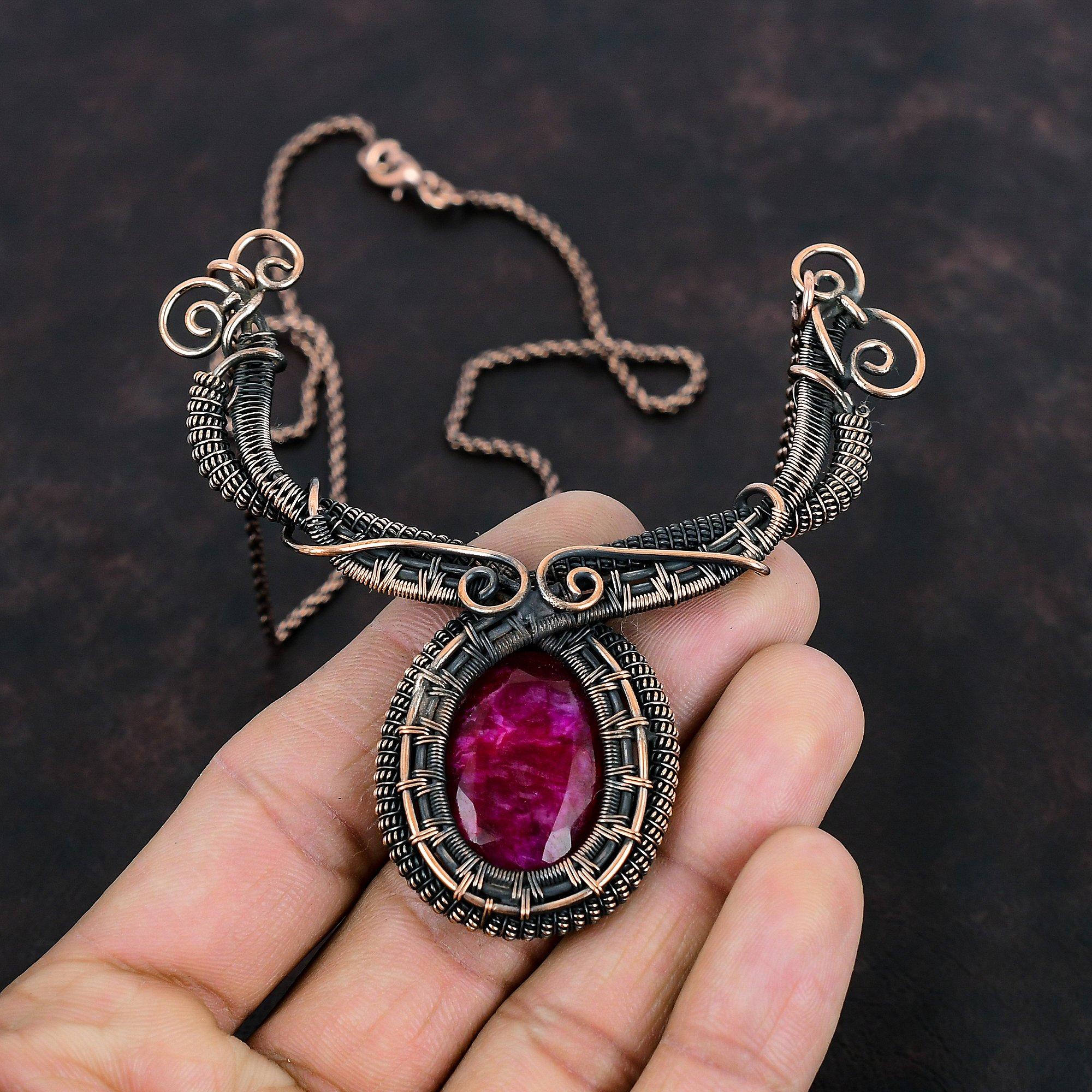 Faceted Kashmir Ruby Necklace Copper Wire Wrapped Gemstone Jewelry Handmade Birthstone Necklace Copper Wire Wrapped Necklace Gifts For Women