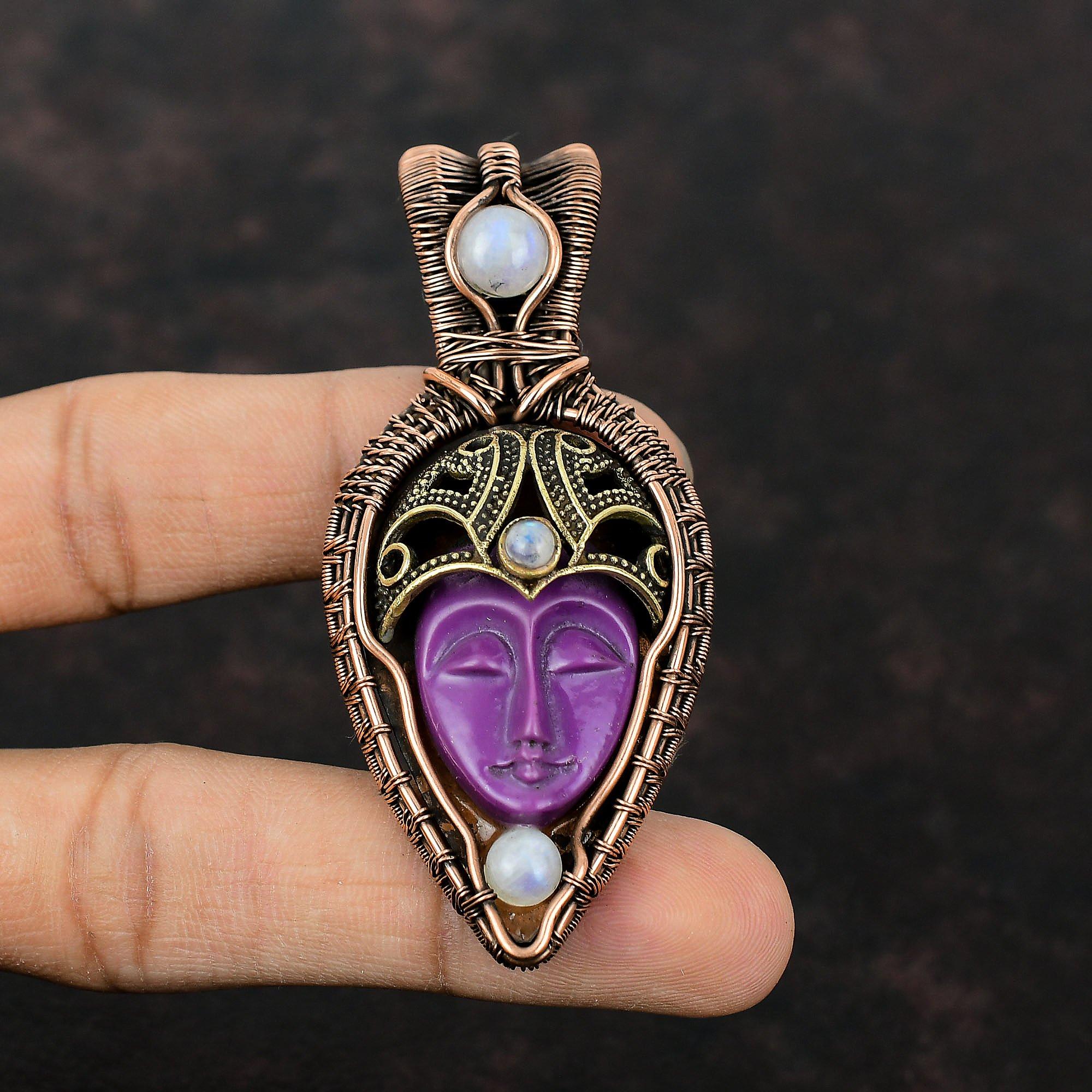Purple Carved Bone Face Pendant Copper Wire Wrapped Pendant Rainbow Moonstone Pendant Handmade Copper Jewelry Gemstone Pendant Wedding Gift