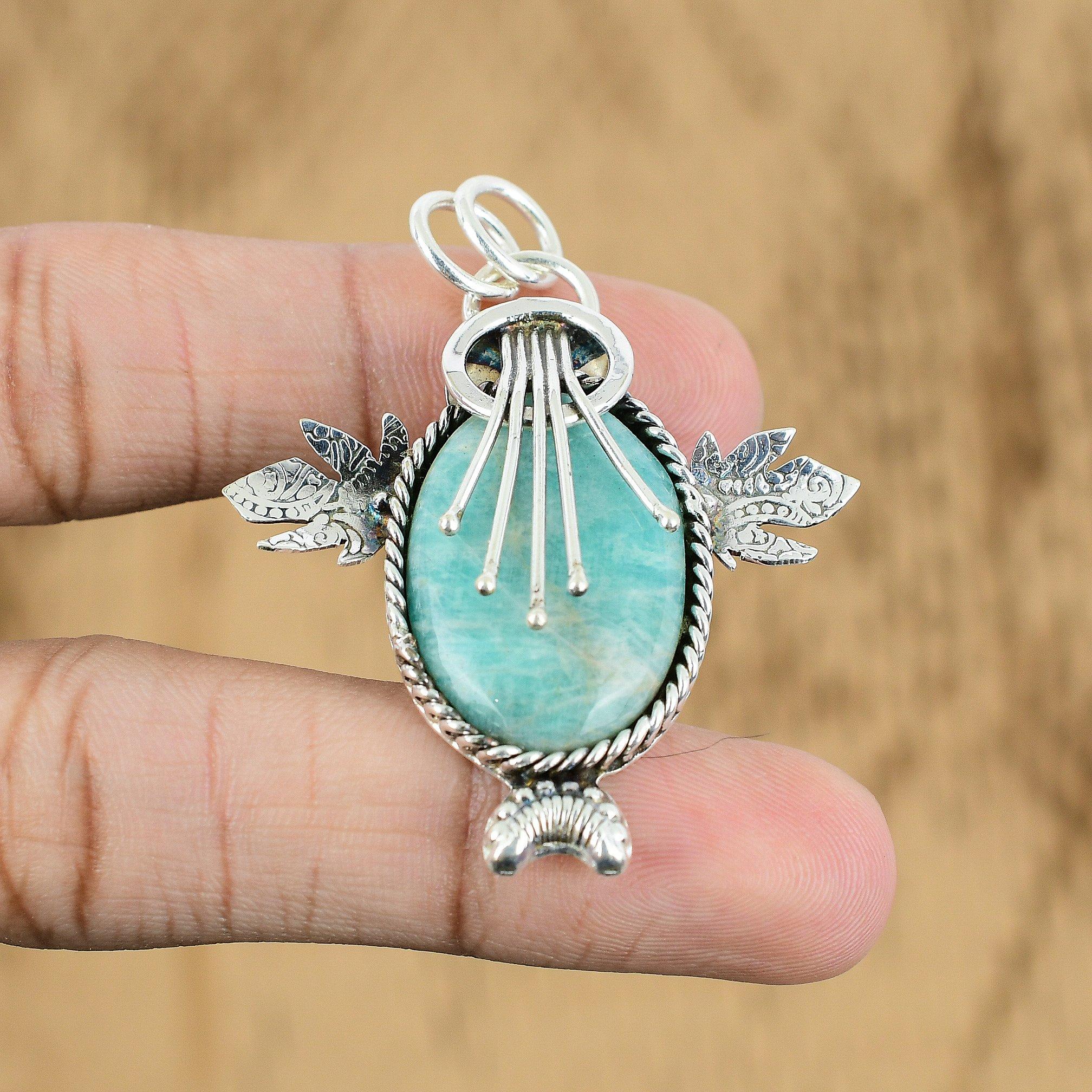 Birthday Gift For Her Natural Amazonite Gemstone Pendant 925 Sterling Silver