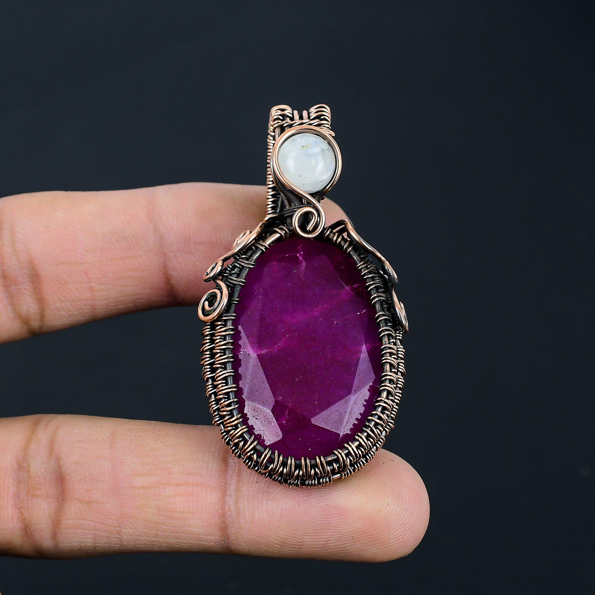 Ruby Lab-Created & Moonstone Gemstone Handmade Copper Wire Wrap Jewelry Pendant For Women