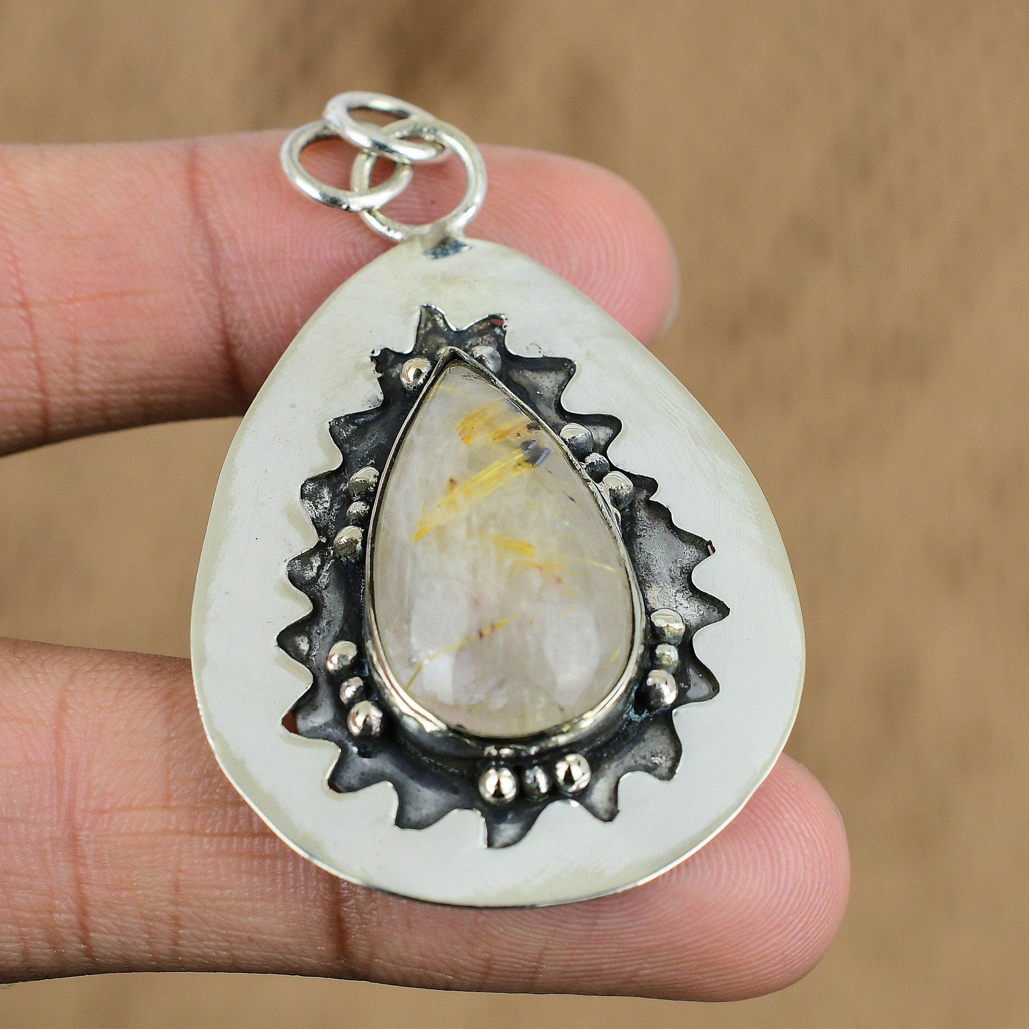 Birthday Gift For Her Natural Golden Rutile Gemstone Pendant 925 Sterling Silver