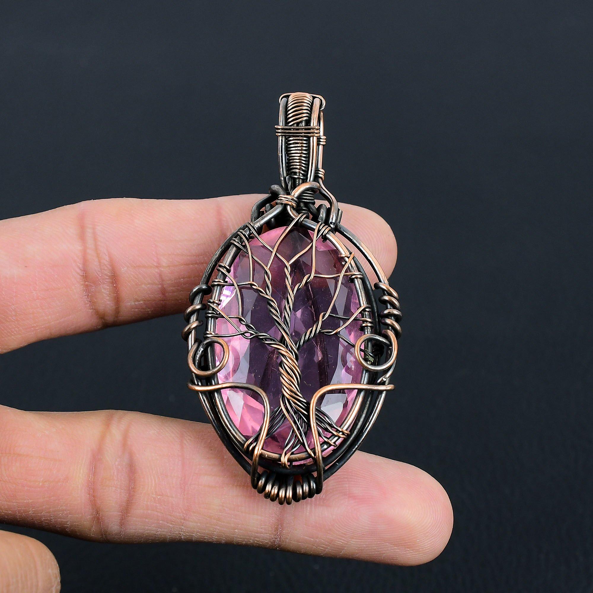 Tree Of Life Pink Kunzite Gemstone Handmade Pure Copper Wire Wrapped Pendant Jewelry