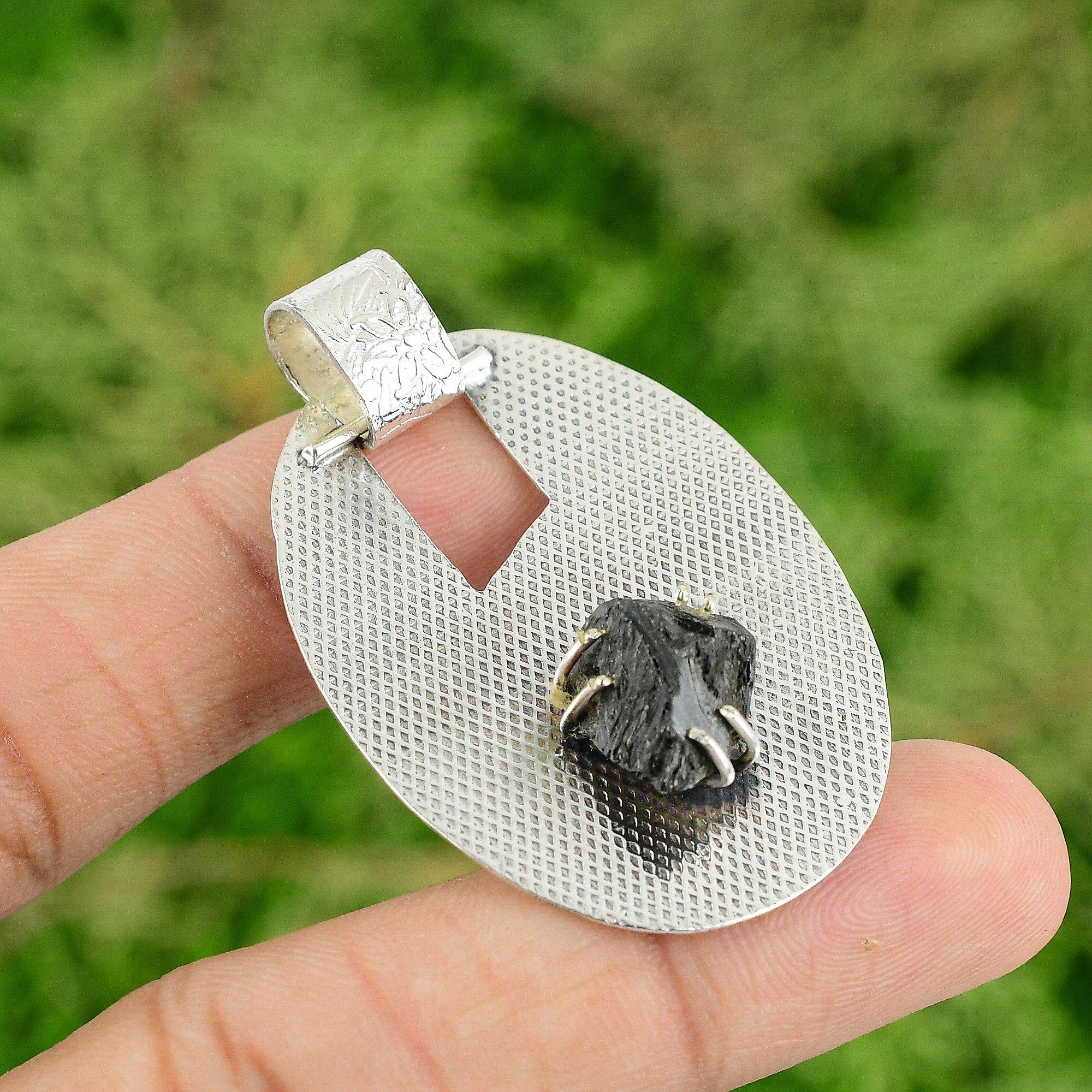 Black Tourmaline Rough Stone Sterling Silver Bezel Birthday Wife Pendant Jewelry