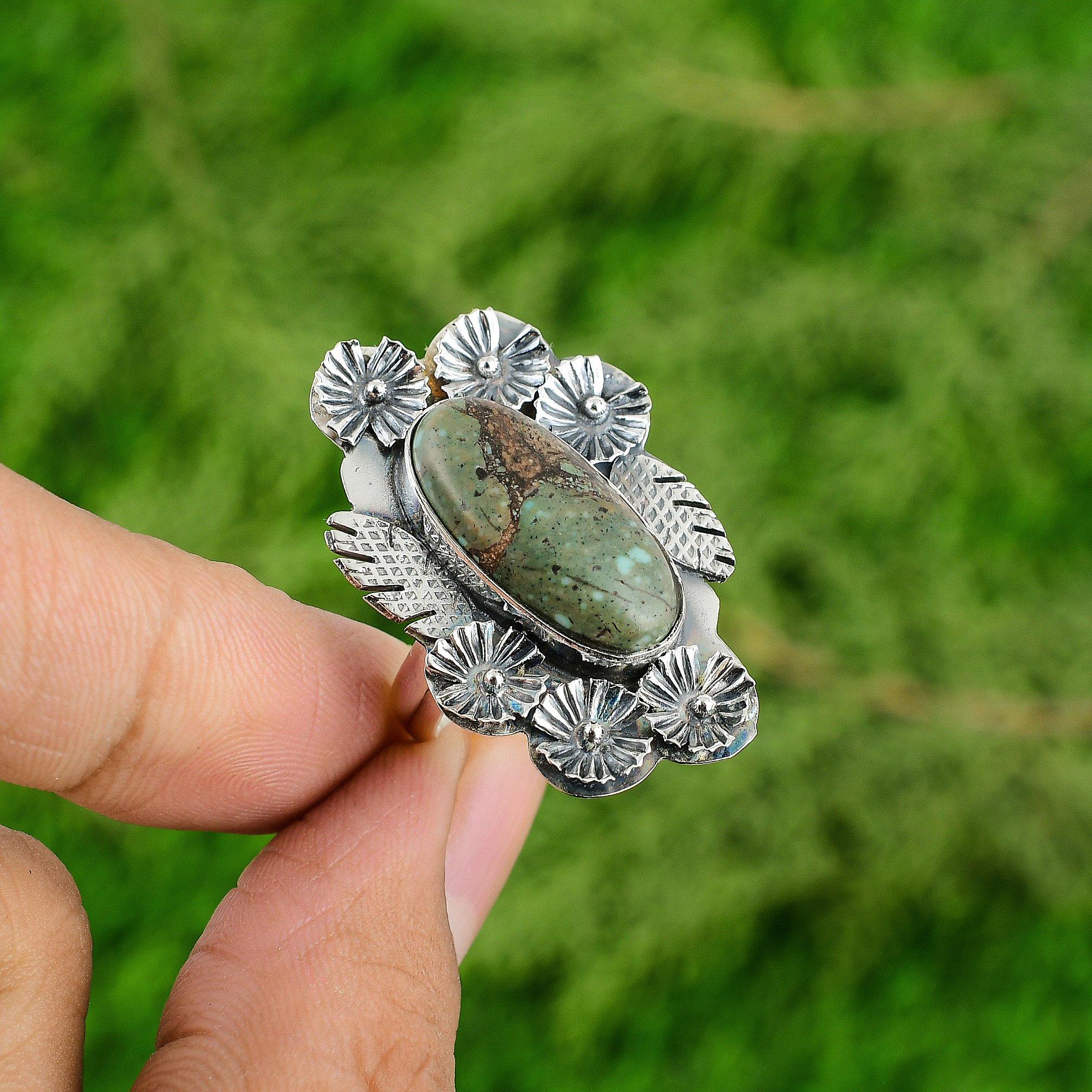 Natural Tibetan Turquoise Stackable Flower Blue Adjustable Ring 925 Silver