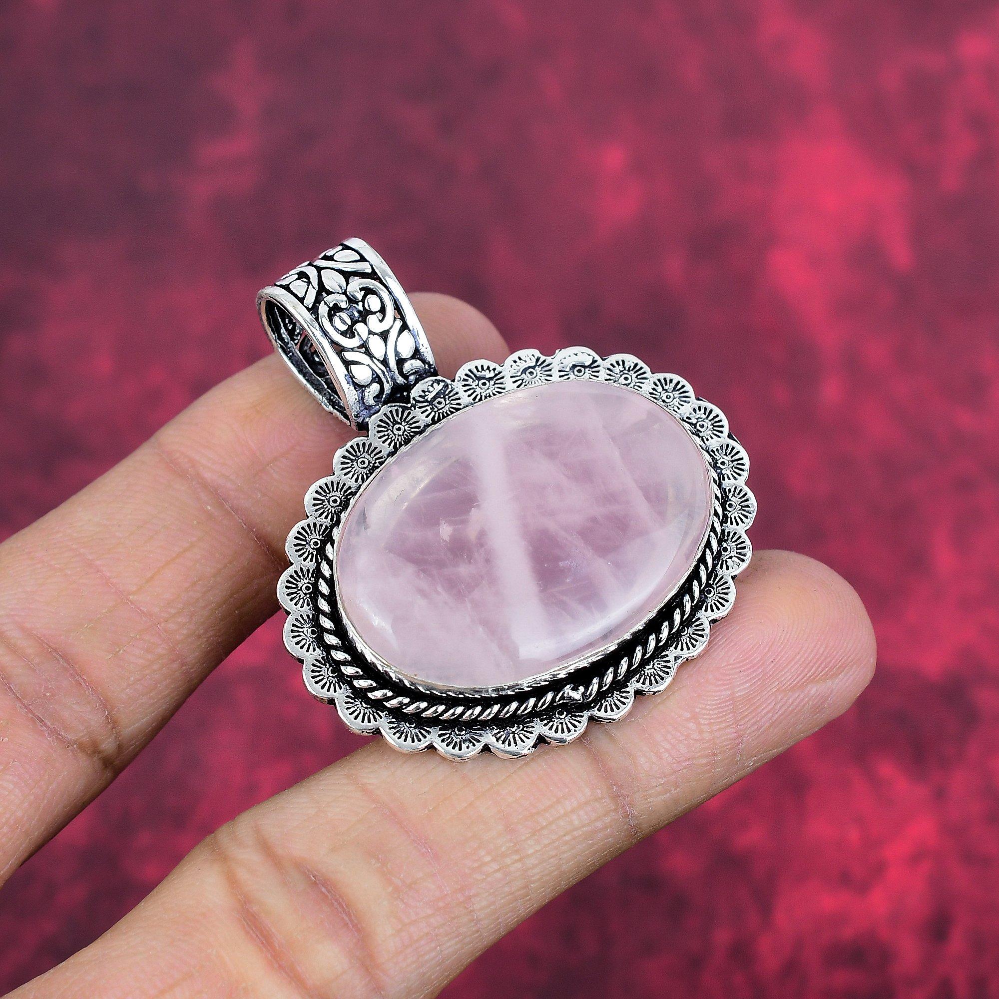 Smycken i rosenkvarts, 925 Sterlingsilverhänge Massivt Handgjorda Ädelstenssmycken, Gåvor Till Fru Helt Nytt Hänge