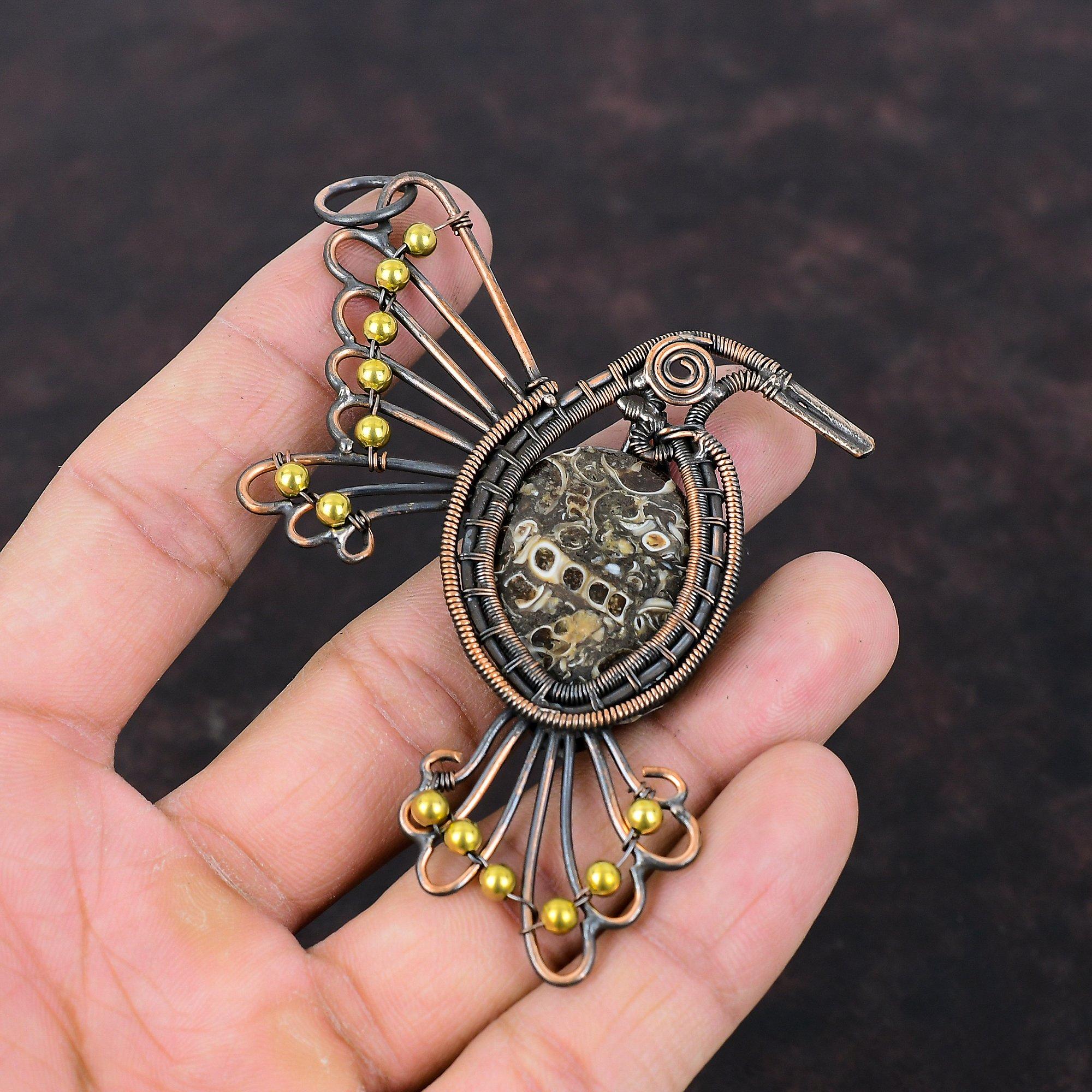 Turritella Agate Pendant Copper Wire Wrapped Pendant Gemstone Pendant Bird Pendant Copper Jewelry Engagement Gift Handmade Wire Wrap Jewelry