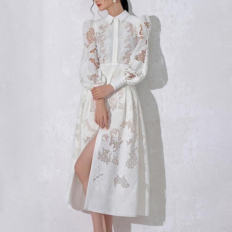 Vintage Style Spring and Summer Women's Lapel Long Lantern Sleeve Mid-length Embroidery Hollowed Out Solid Colour Dress