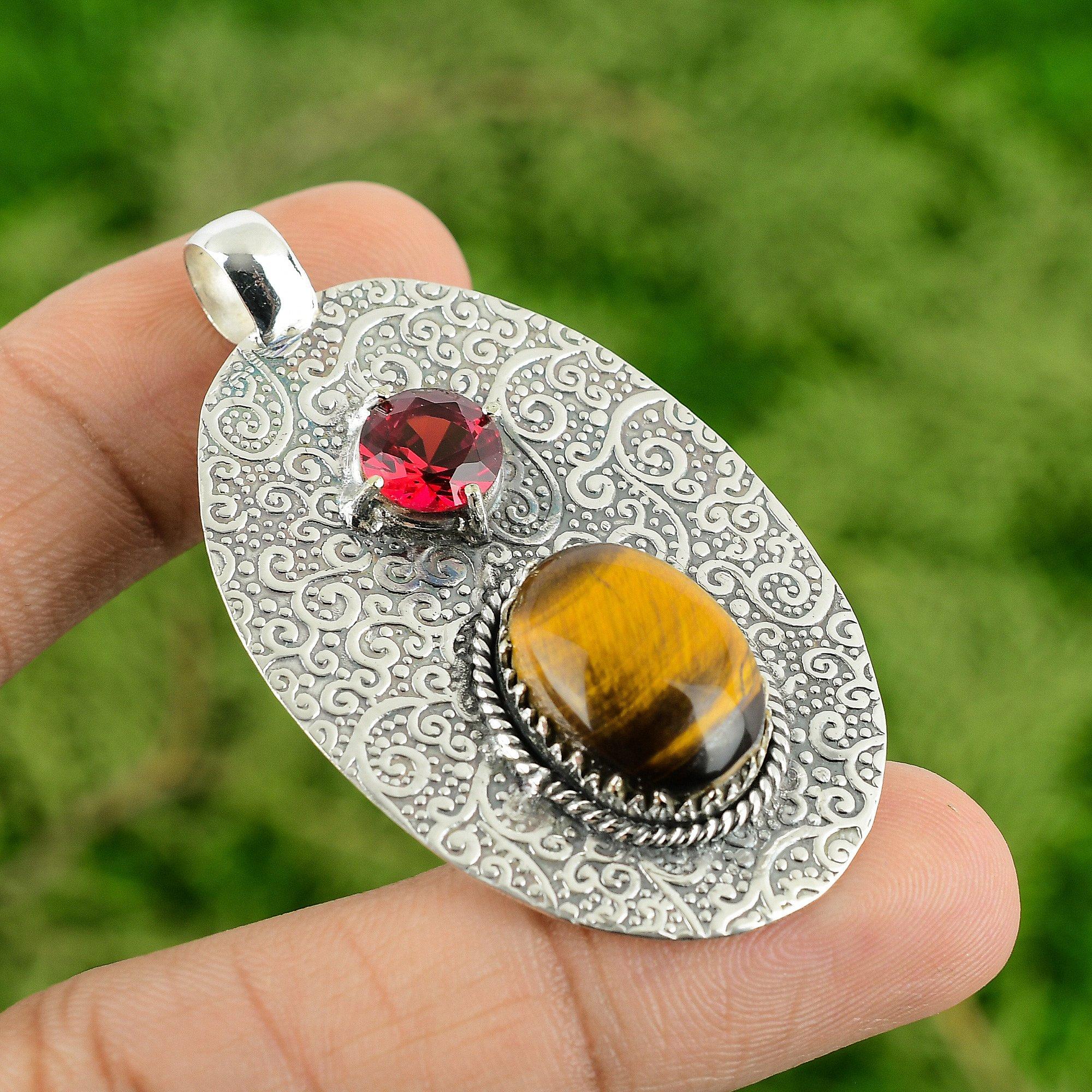 Sterling Silver Oval Tiger's Eye Gemstone Mozambique Garnet Elegant Wife Pendant