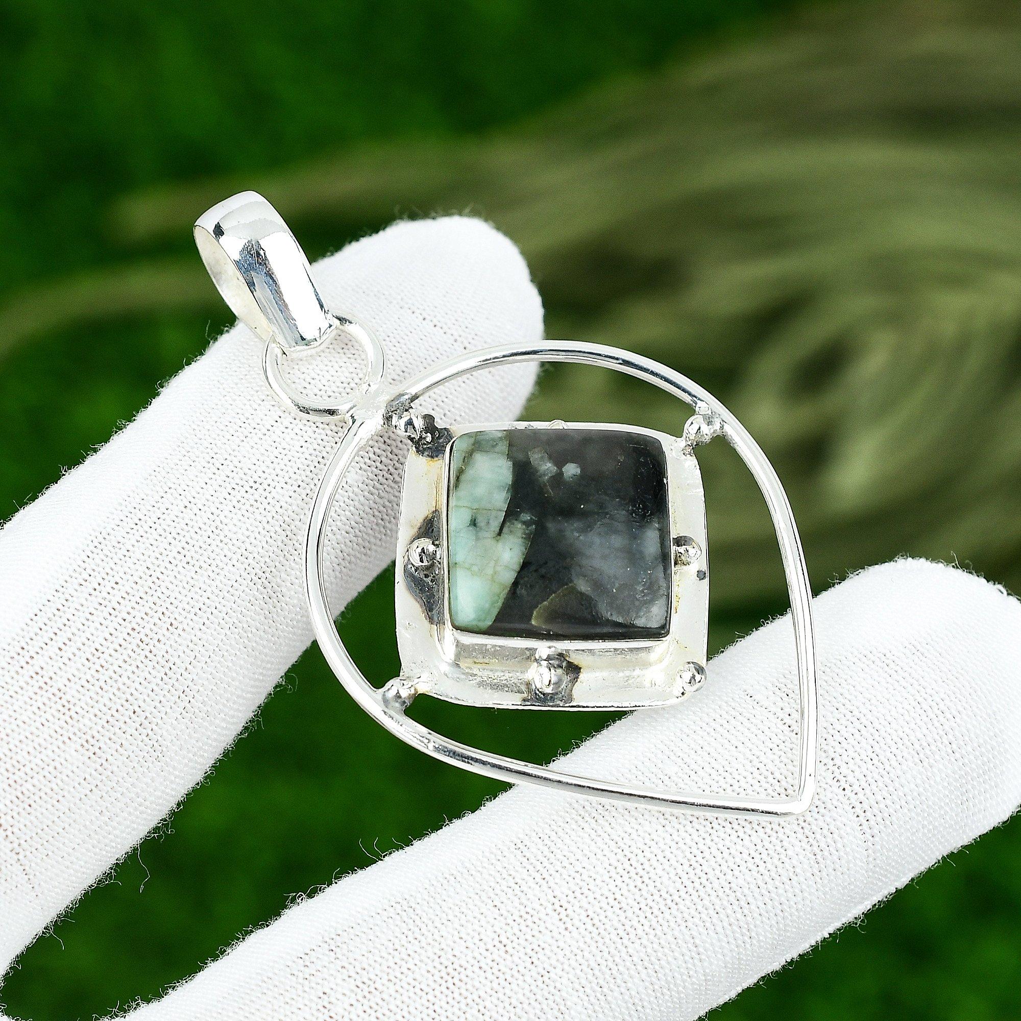 Square Natural Amazonite 925 Sterling Silver Wedding Handcrafted Ethnic Pendant