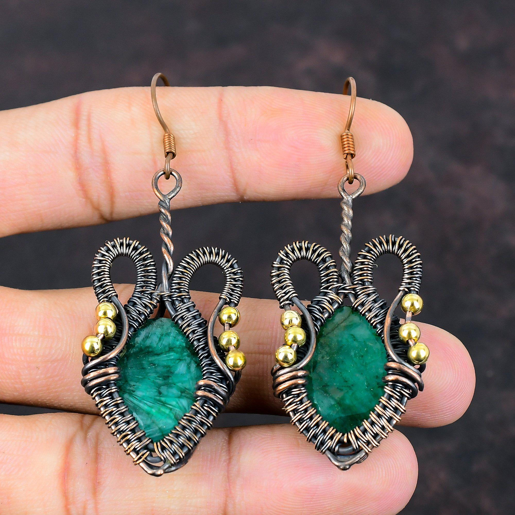 Cercei cu Smarald Zambian Fațetat, Înfășurați cu Sârmă de Cupru, Cercei Handmade, Bijuterii Antice, Cercei cu Piatră Prețioasă, Cadou de Nuntă, Bijuterii Înfășurate cu Sârmă de Cupru