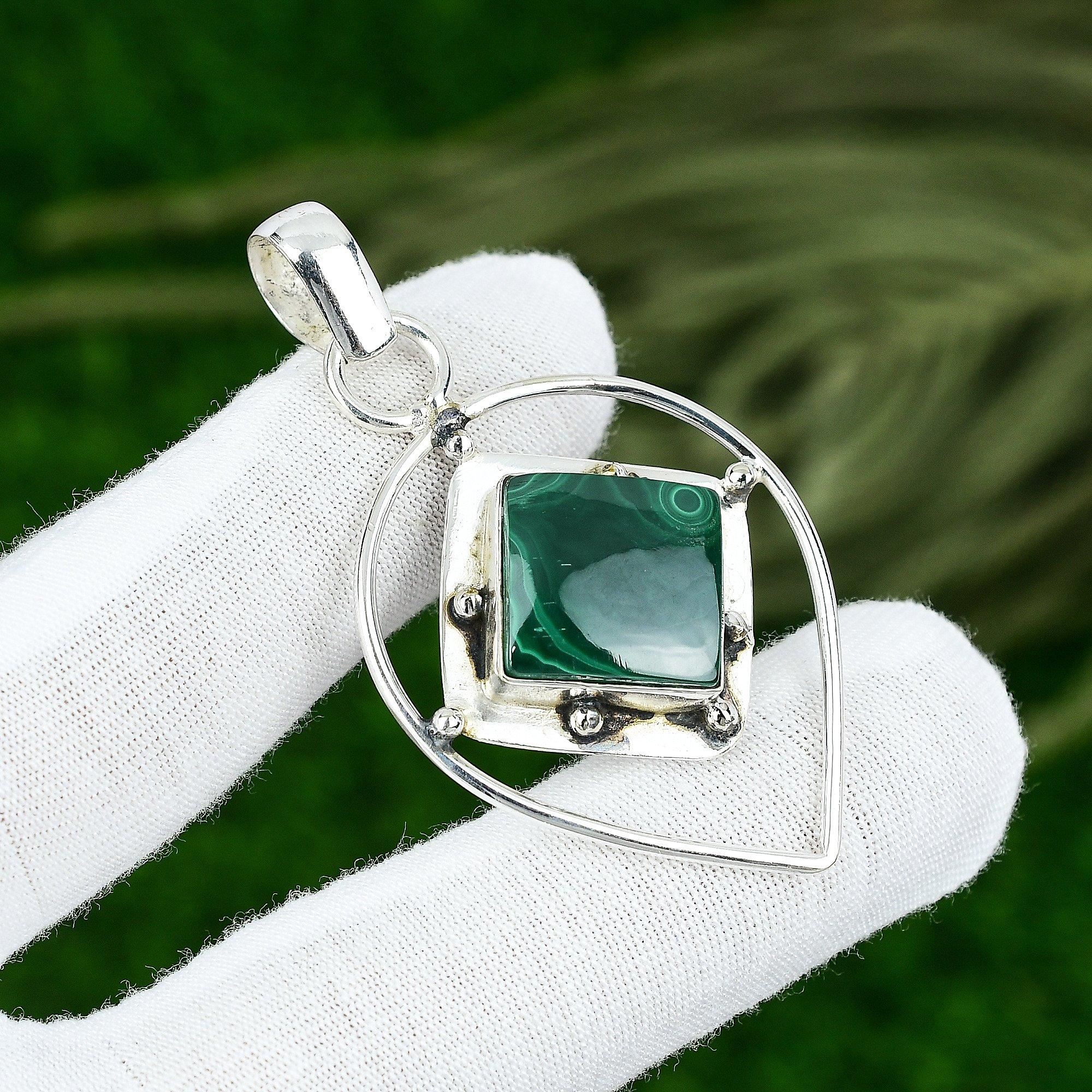 925 Silver Square Russian Malachite Gemstone Trendy Anniversary Pendant Jewelry
