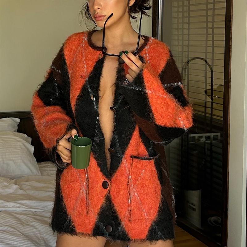 Fashion Plaid Contrast Color Cardigan Women O-Neck Full Sleeve Sweater Autumn Loose Single-breasted Pocket Knitwear