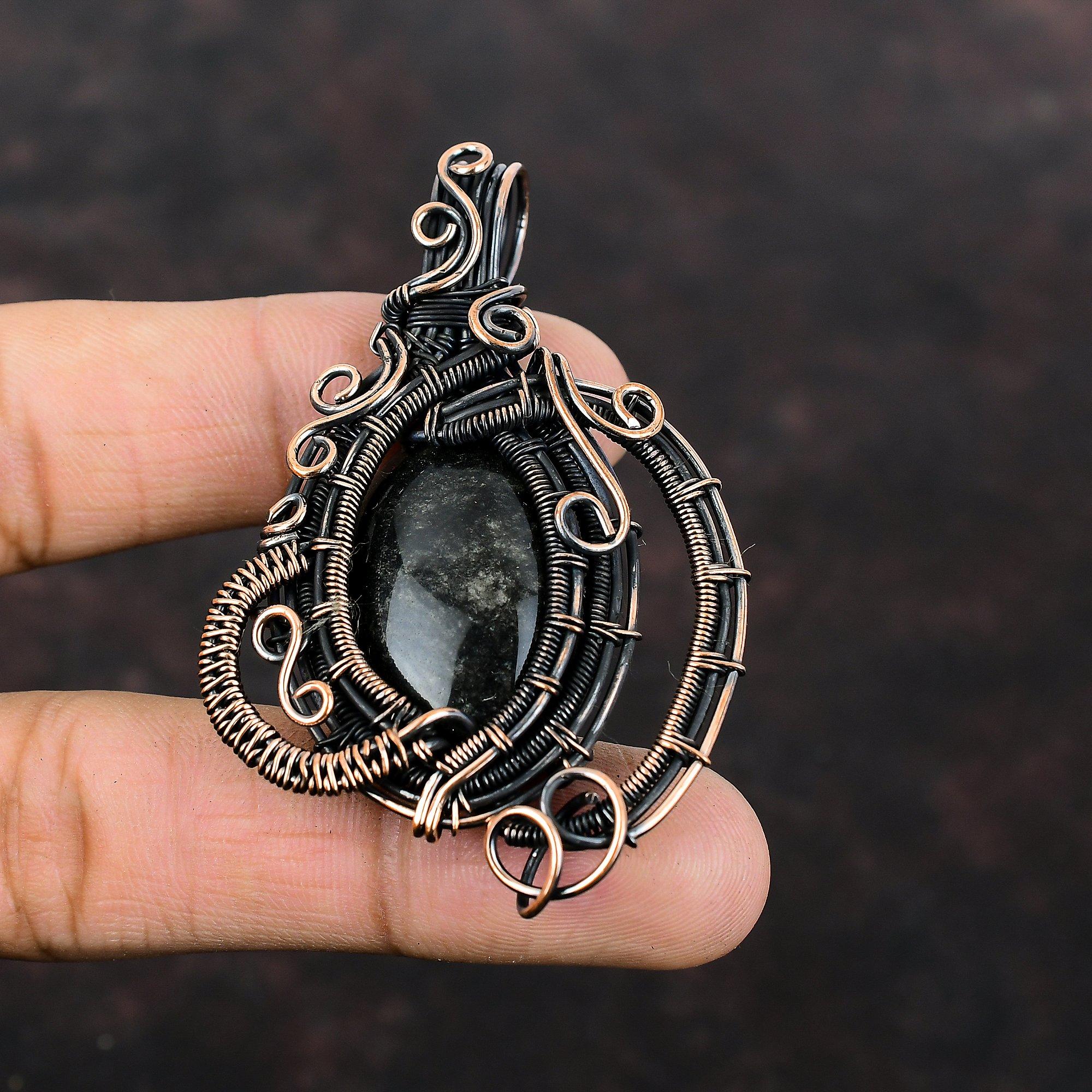Silver Sheen Obsidian Pendant Copper Wire Wrapped Pendant Original Gemstone Pendant Copper Jewelry Stylish Pendant Handmade Jewelry For Gift
