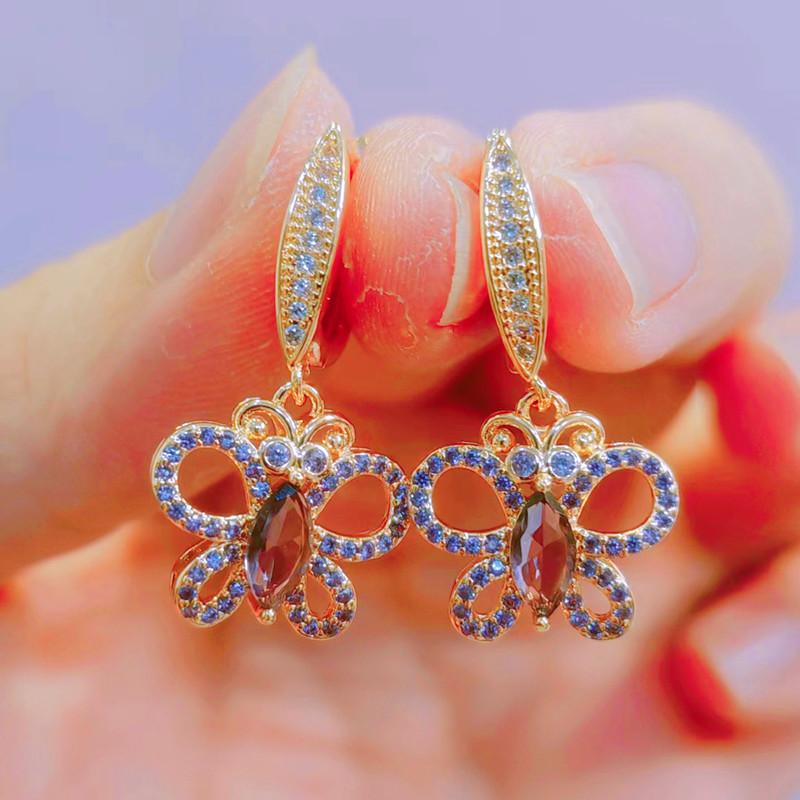 Cercei cu picătură fluture cu zircon mov la modă coreeană pentru femei, cercei de culoare aurie, bijuterii, accesorii de petrecere