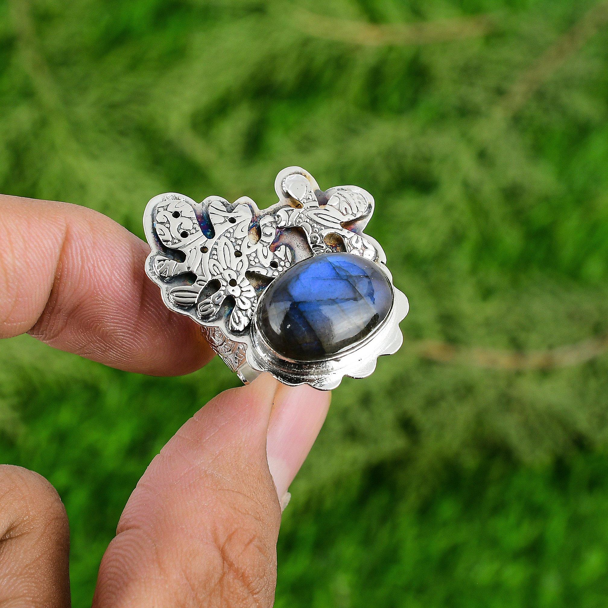 Mothers day Deal 925 Silver Labradorite Stone Daughter Solitaire Ring Jewelry