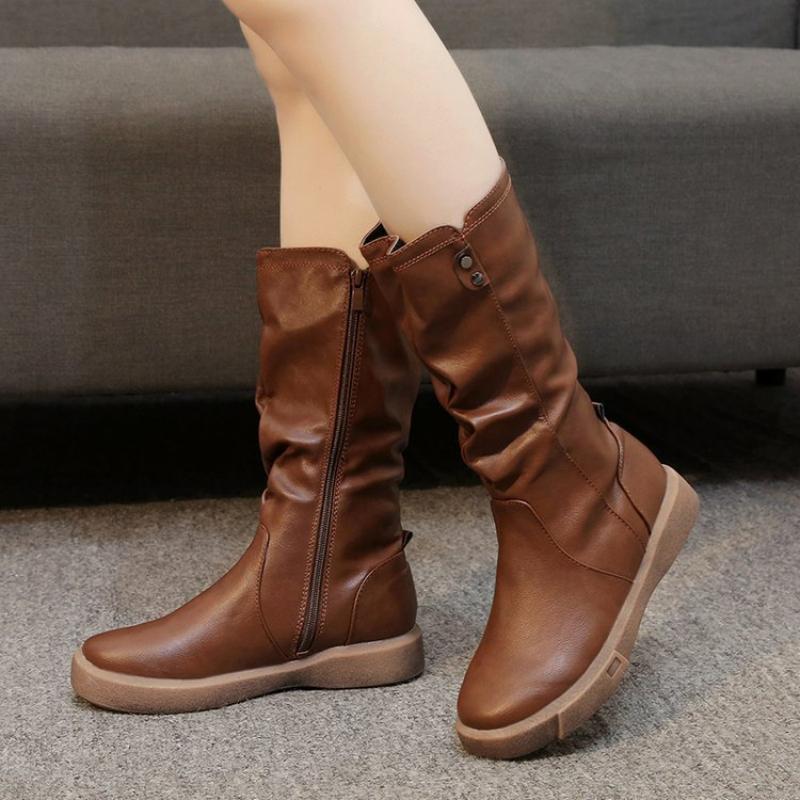 Herbst/Winter Neue Vintage Kaschmir Warme Damen-Mittelstiefel Seitlicher Reißverschluss Martin-Stiefel Lässige Große Ritterstiefel Damen