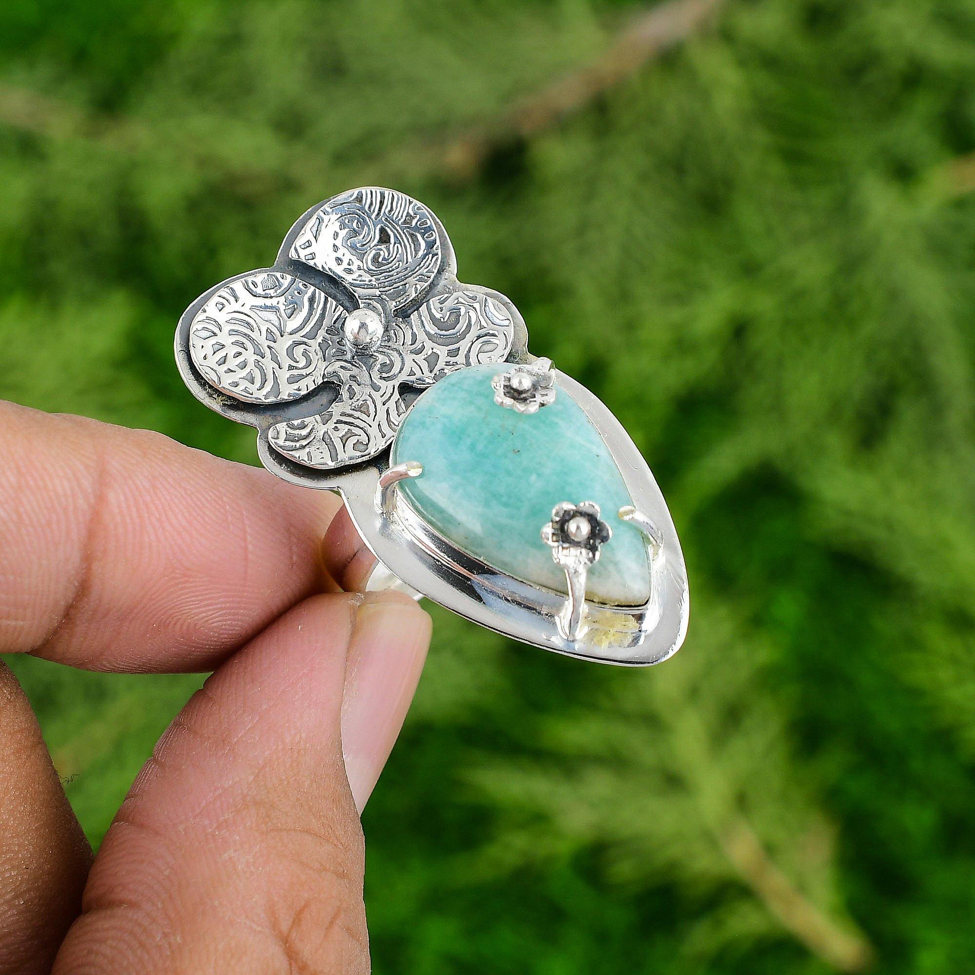 Sterling Silver Amazonite Stone Statement Engagement Stackable Flower Boho Ring