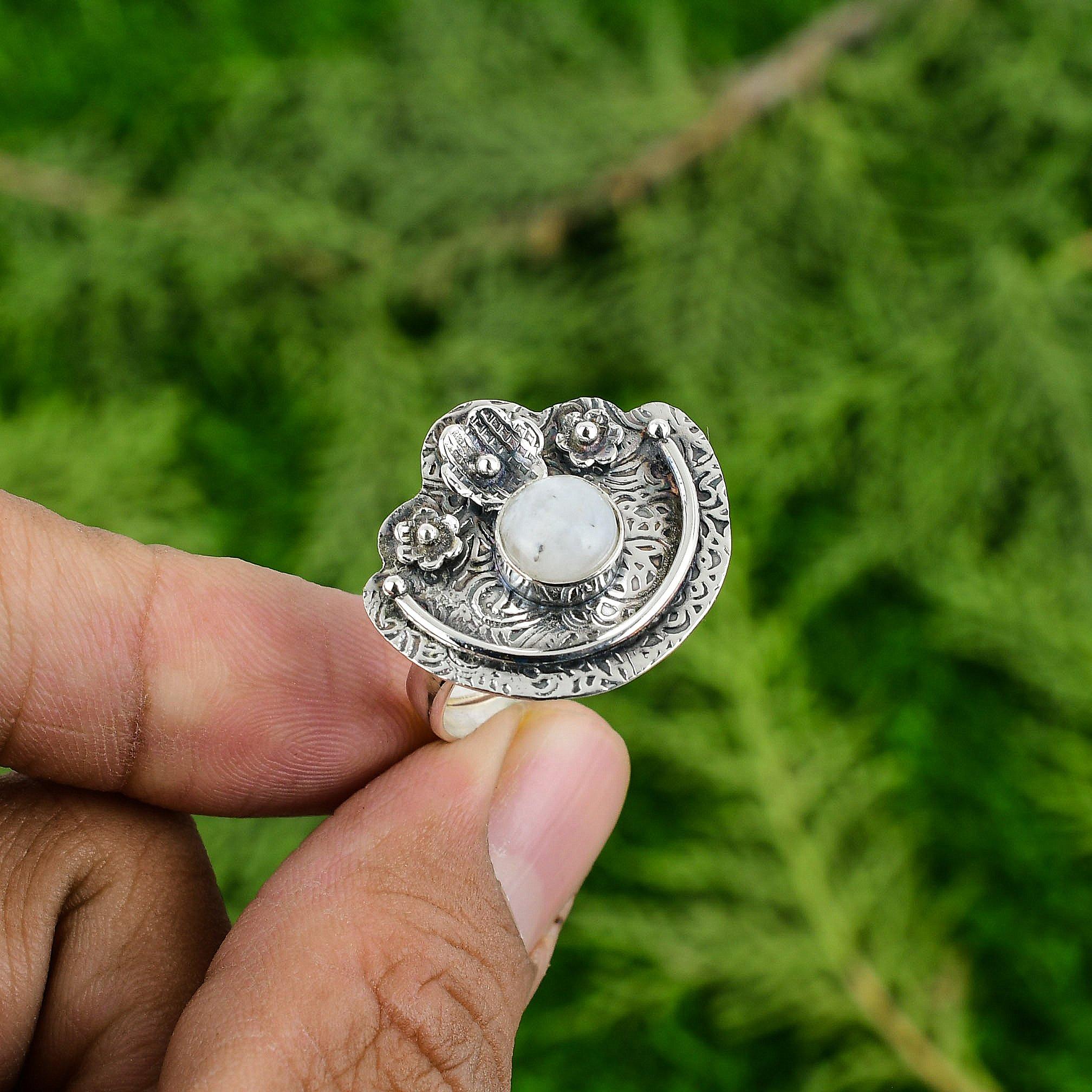 Natural Rainbow Moonstone Stackable Flower Adjustable Ring 925 Silver